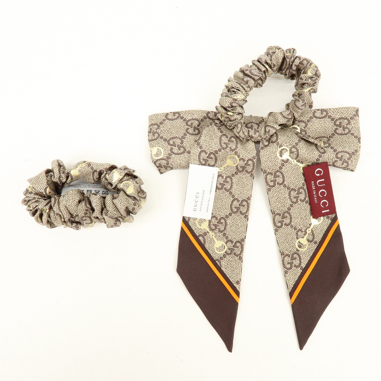 GUCCI Horsebit Silk 100% Scrunchie Hair Accessory Gray Beige Brown