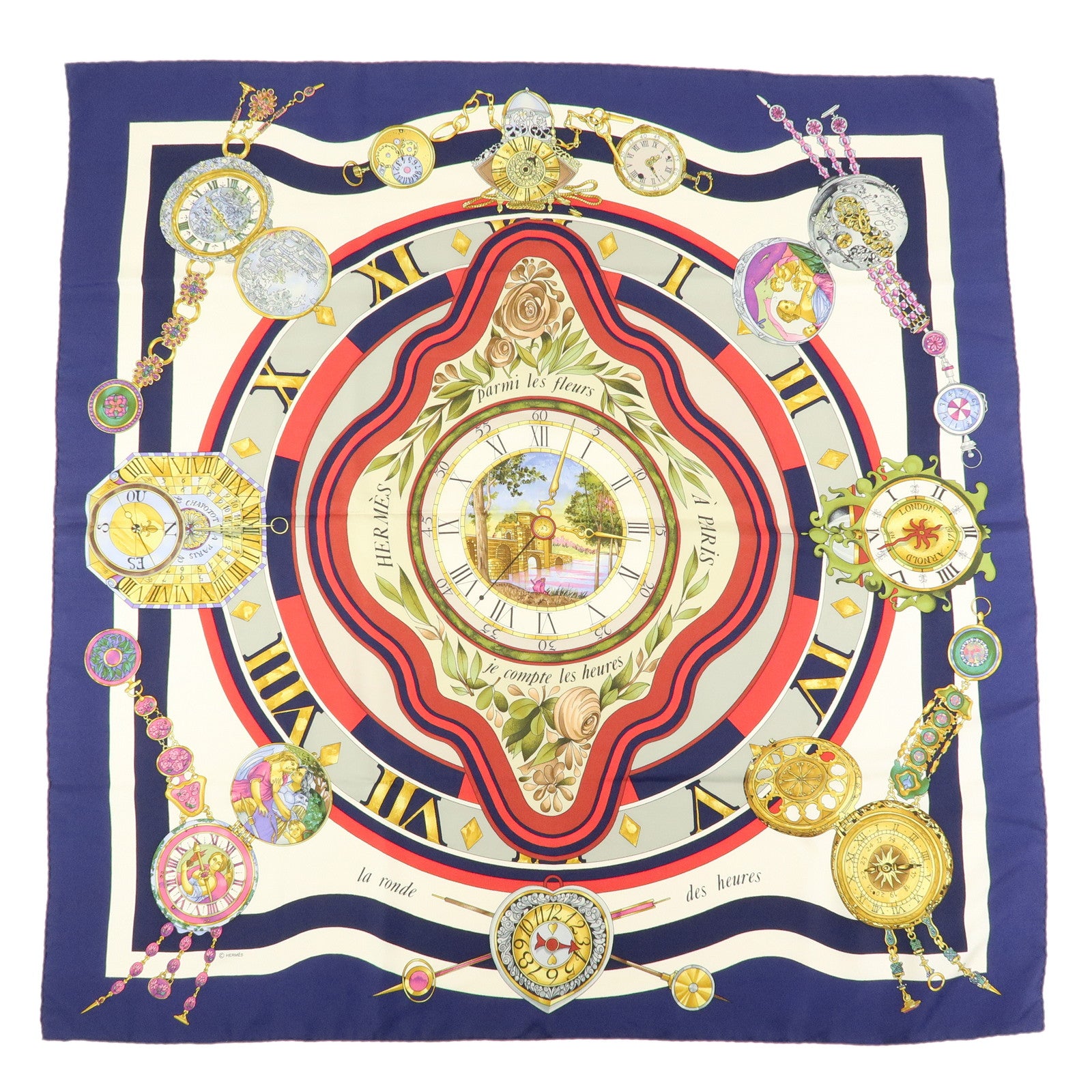 HERMES Carre90 Silk100% armi les fleurs je compte les heures Scarf