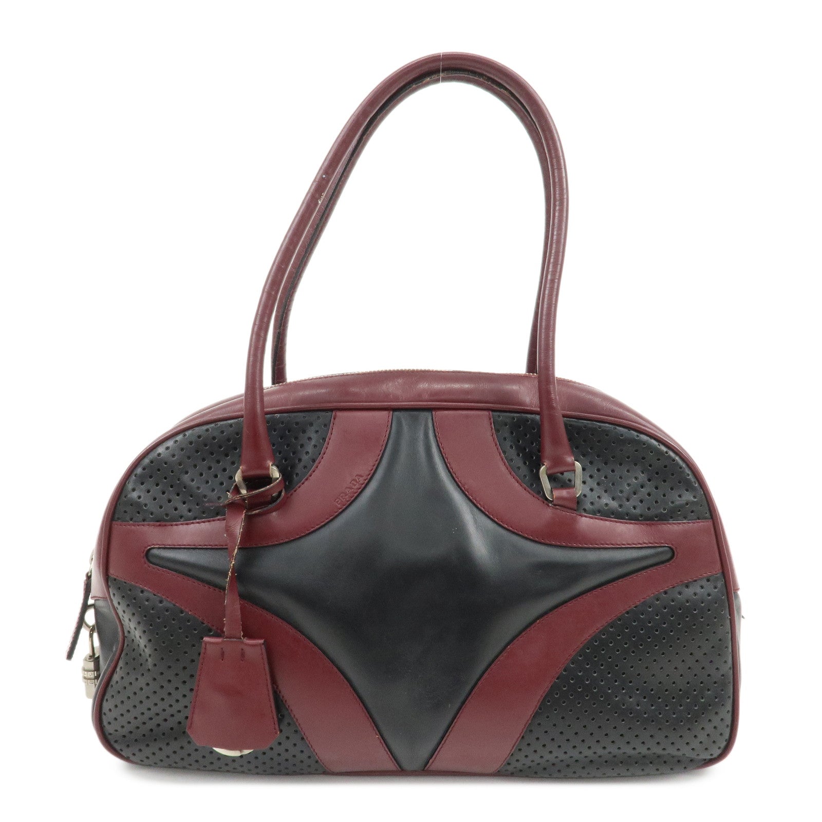 PRADA Leather Boston Bag Bowling Bag Hand Bag Black Bordeaux B10524
