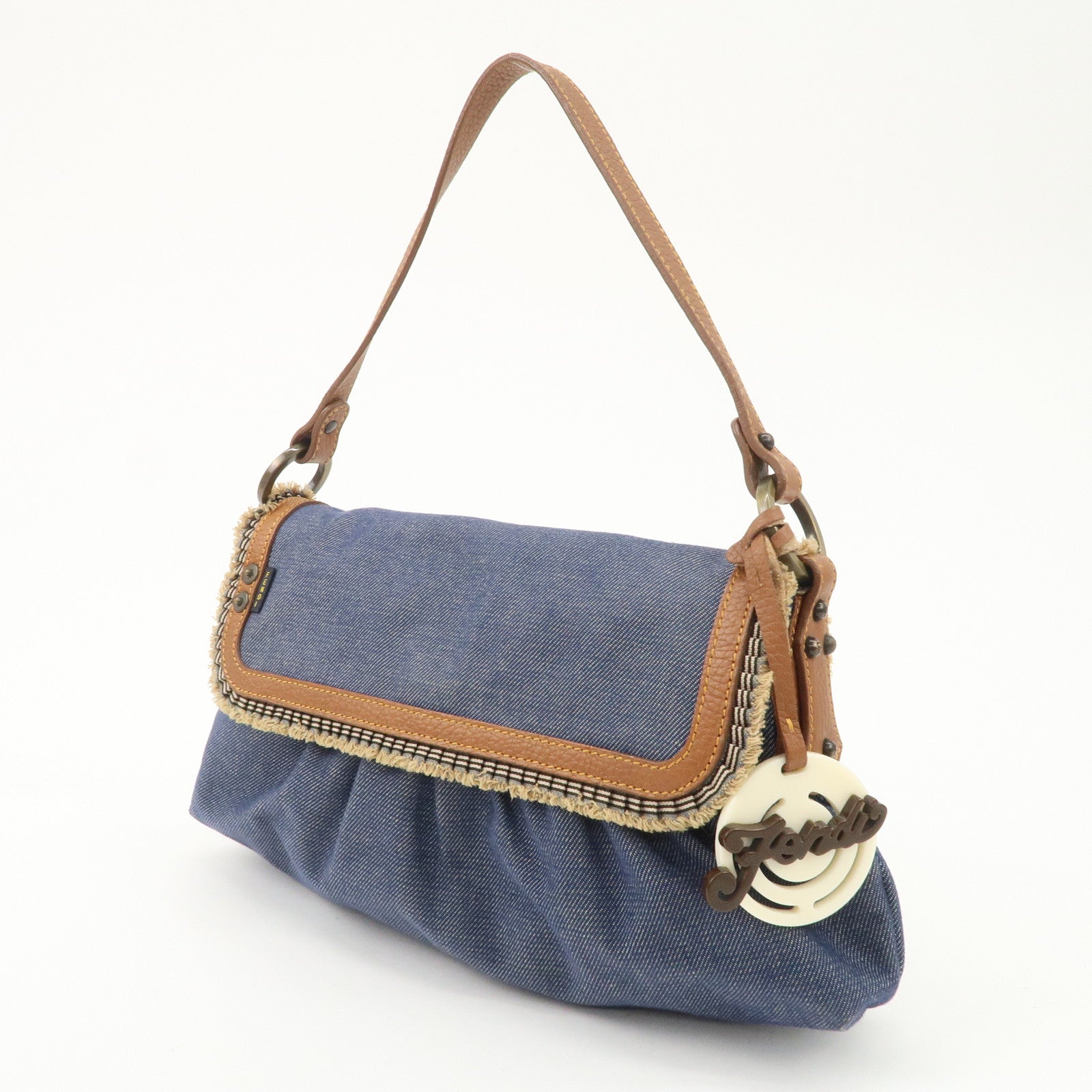 FENDI Denim Leather Shoulder Bag Hand Bag Indigo Brown 8BR445 Used