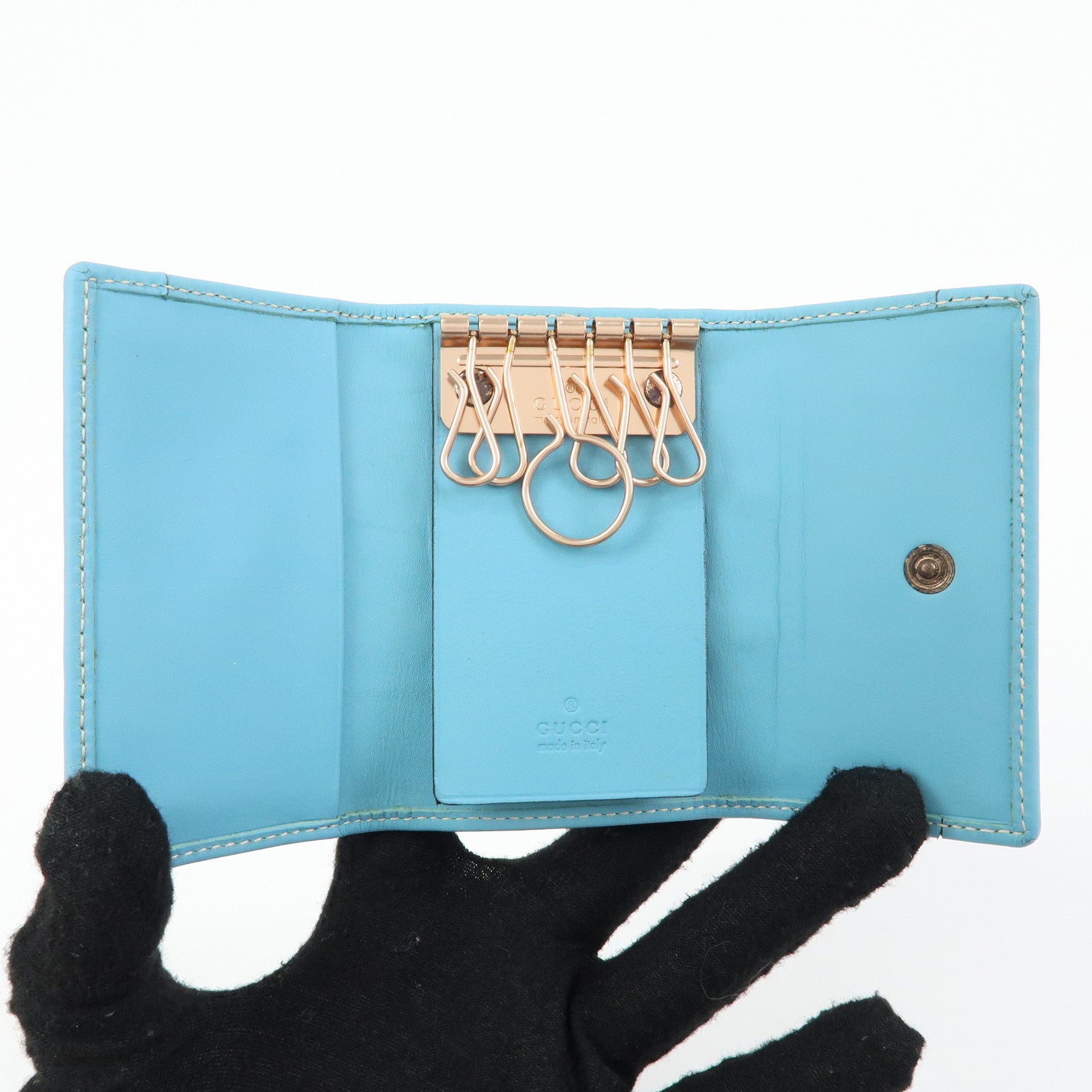 GUCCI GG Canvas Leather 6 Ring Key Case Light Blue Beige 120930