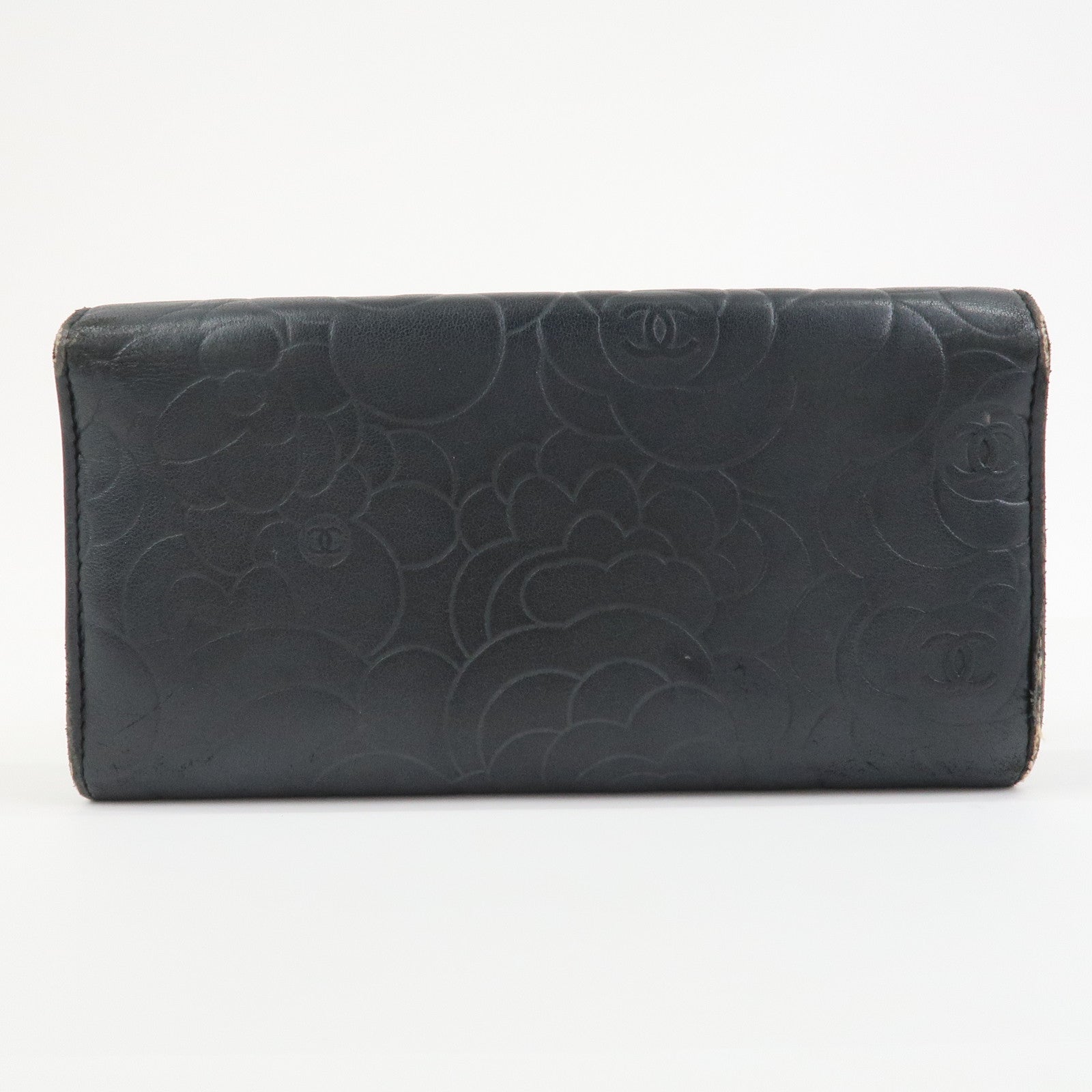 CHANEL Camellia Lambskin Long Wallet Black Silver