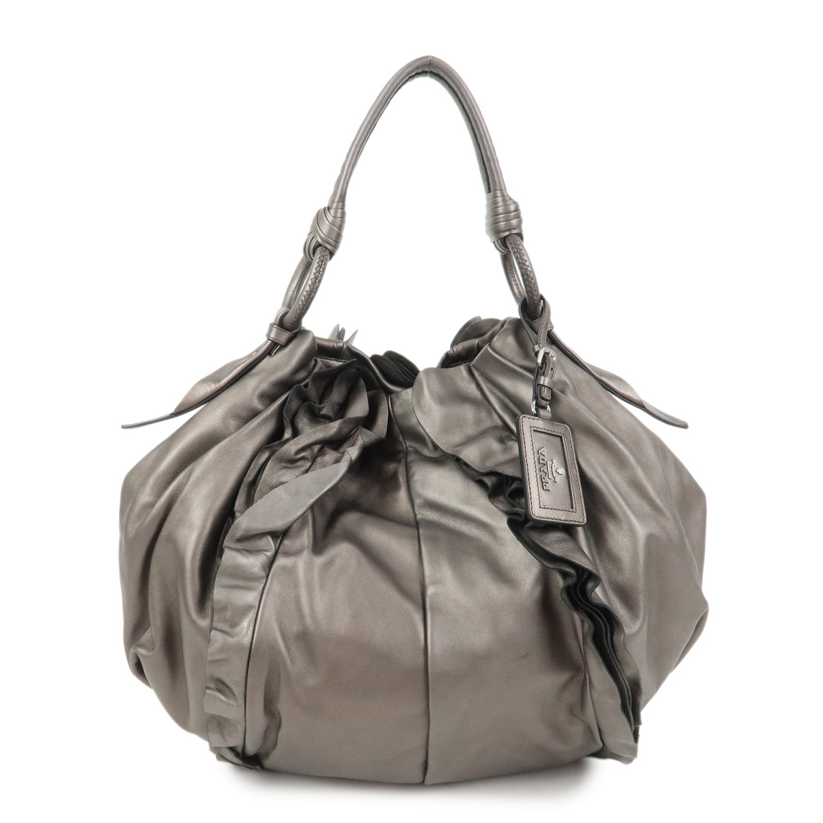 PRADA Logo Frilled Leather Shoulder Bag Hand Bag Bronze BR3993