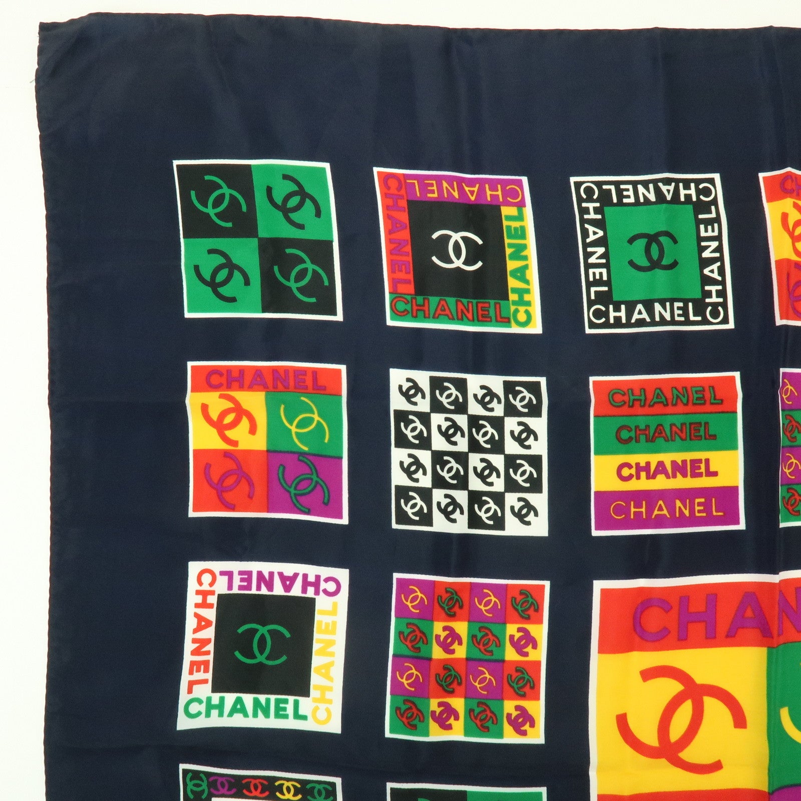 CHANEL COCO Mark Silk 100% Scarf Logo Print Black Multicolor