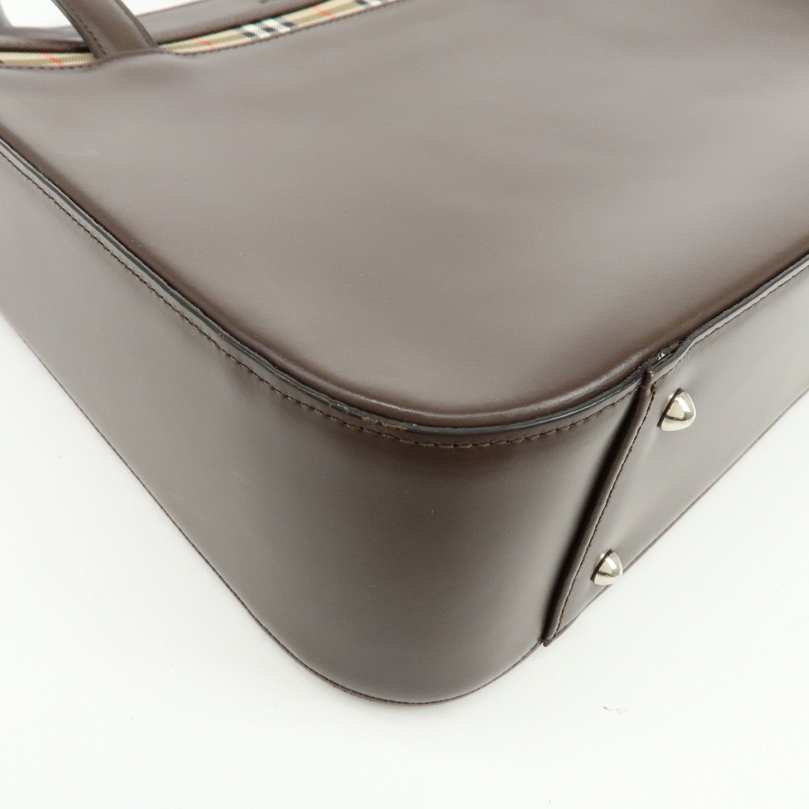 BURBERRY Nova Plaid Leather Hand Bag Tote Bag Brown