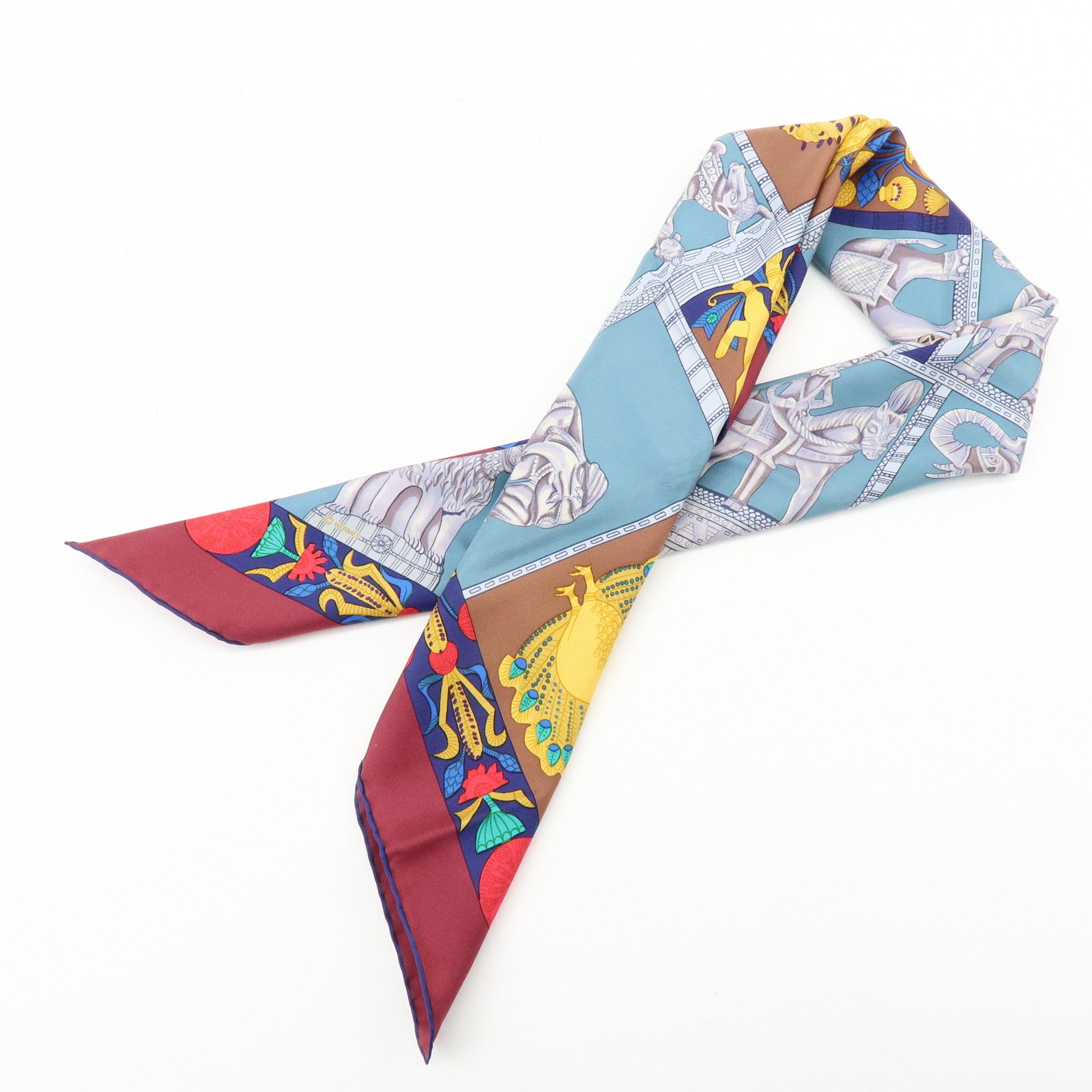 HERMES Carre 90 Silk 100% Scarf TORANA Blue Green Gold