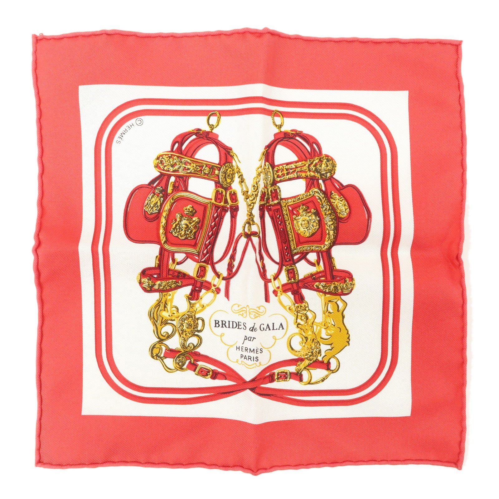 HERMES Carre Nano Silk 100% Scarf  BRIDES DE GALA White Red
