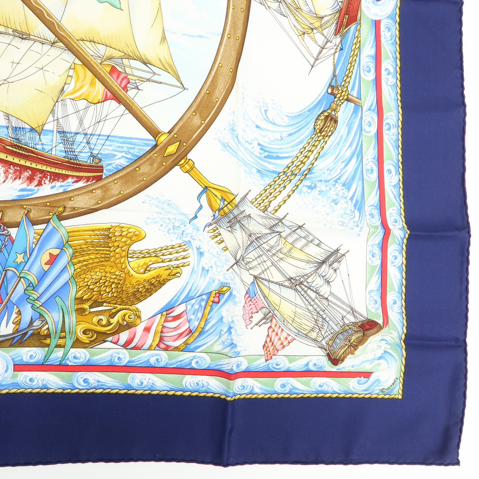 HERMES Carre 90 Silk 100% Scarf VIVE LE VENT Navy Blue Yellow White