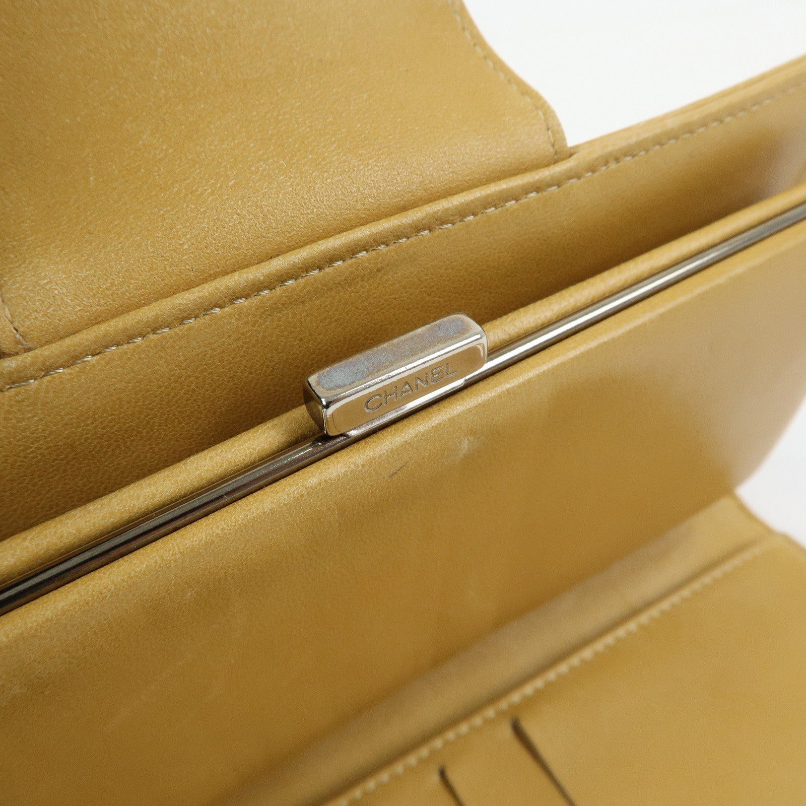CHANEL Chocolate Bar Lamb Skin Long Wallet Yellow Beige A82281