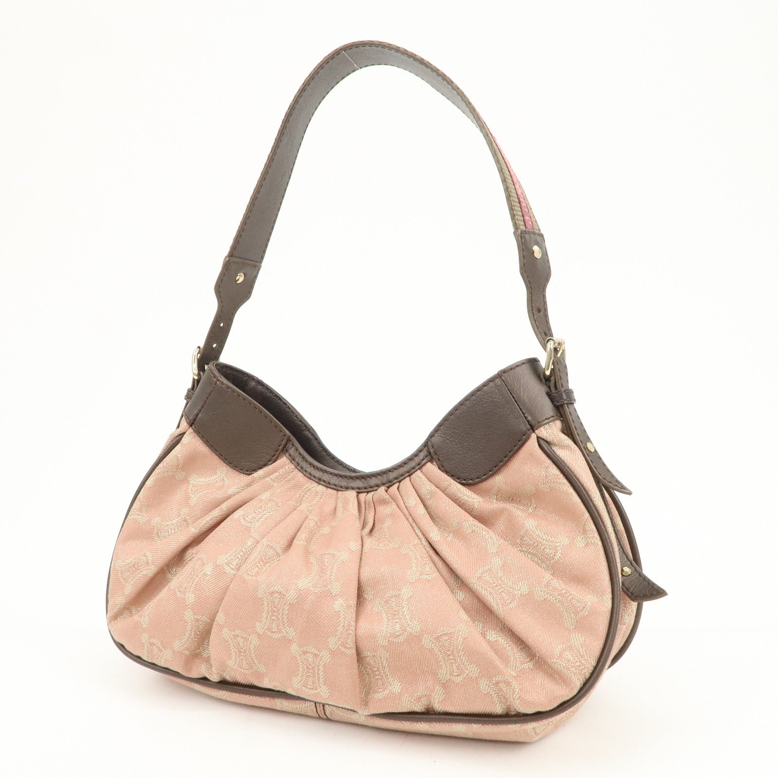 CELINE Macadam Canvas Leather Nylon Velour Shoulder Bag Pink Brown