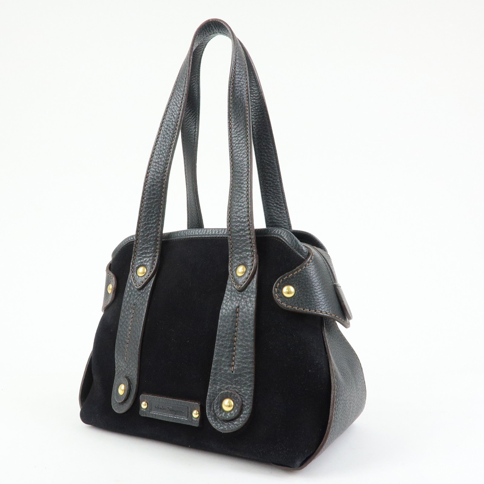 Ferragamo Gancini Suede Leather Shoulder Bag Hand Bag Black