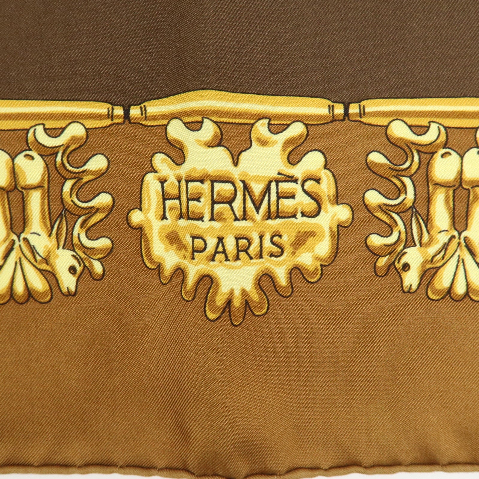 HERMES Carre 90 Silk 100% Scarf LES CAVALIERS D'OR Brown Gold