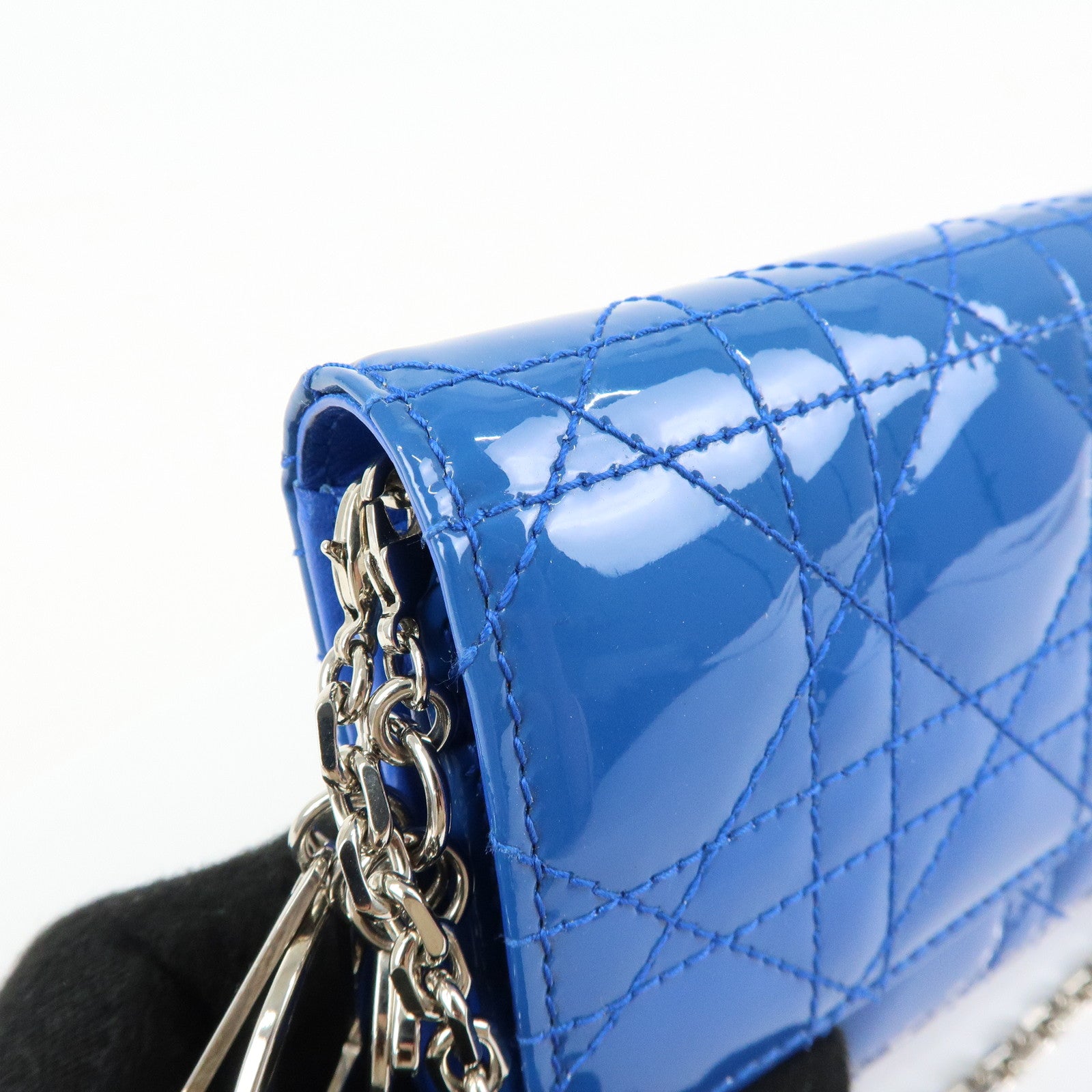 Christian Dior Cannage Patent Leather Chain Wallet WOC Blue Silver