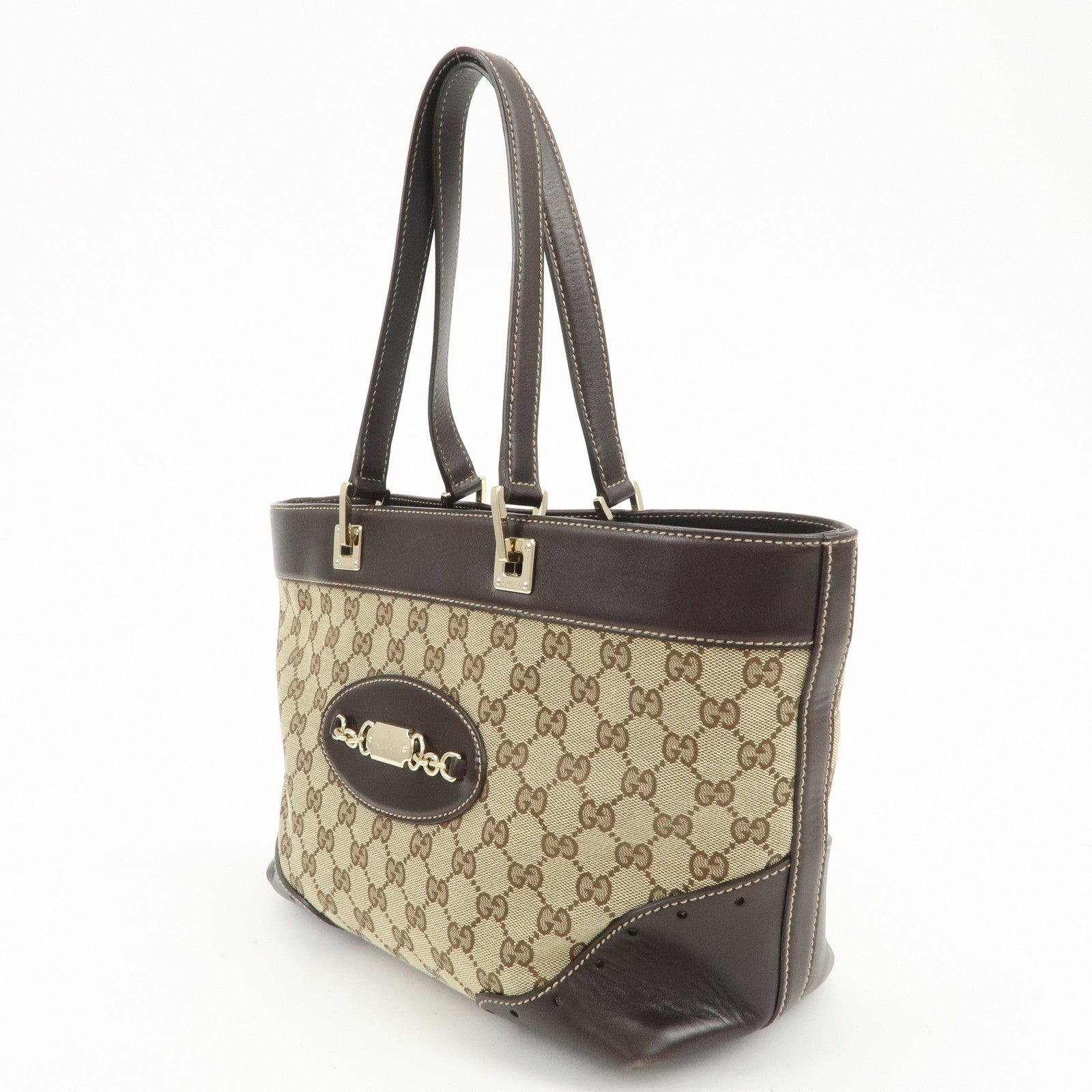 GUCCI GG Canvas Leather Tote Bag Hand Bag Brown Beige 145993