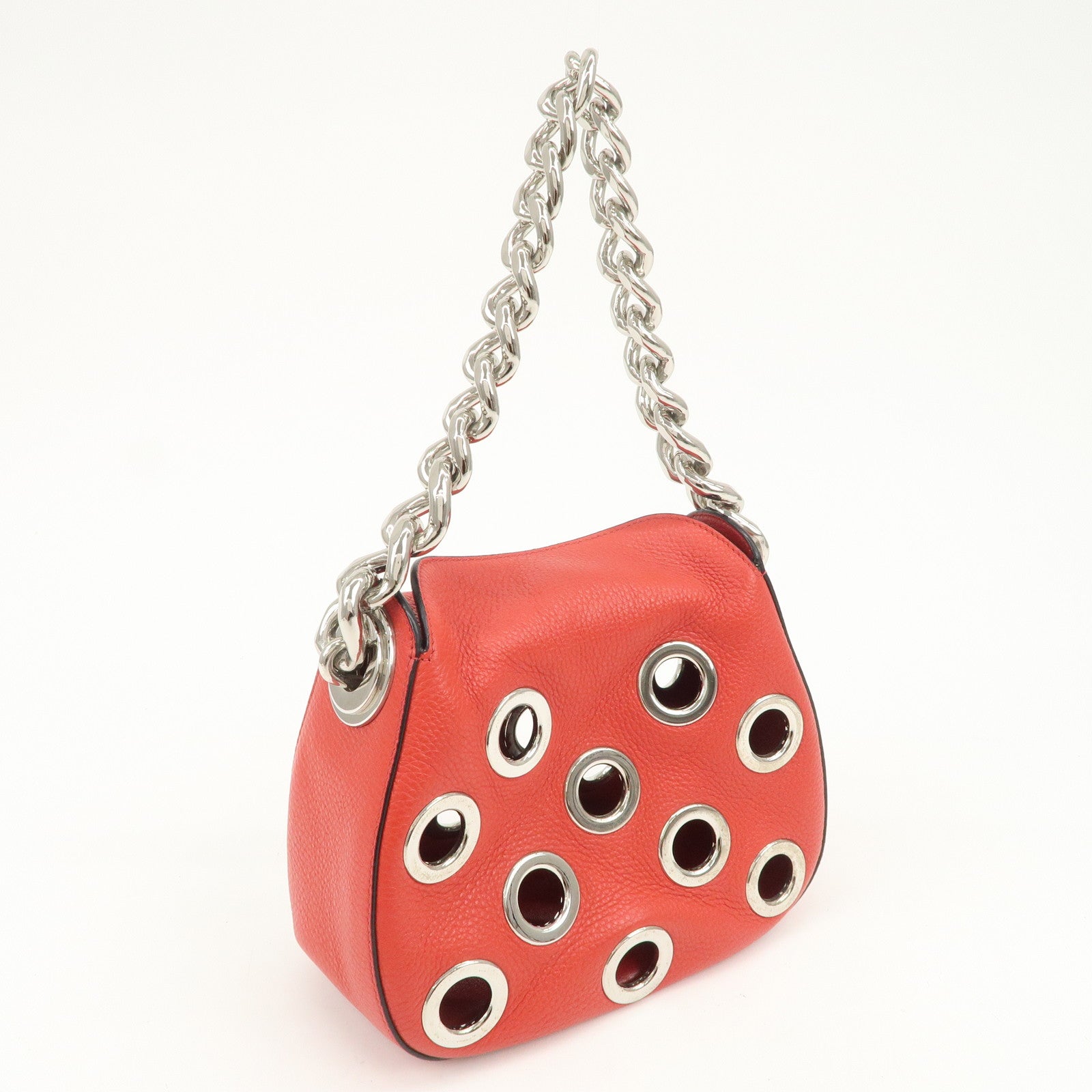 PRADA Logo Grommet Leather Chain Shoulder Bag Red Silver 1BA027