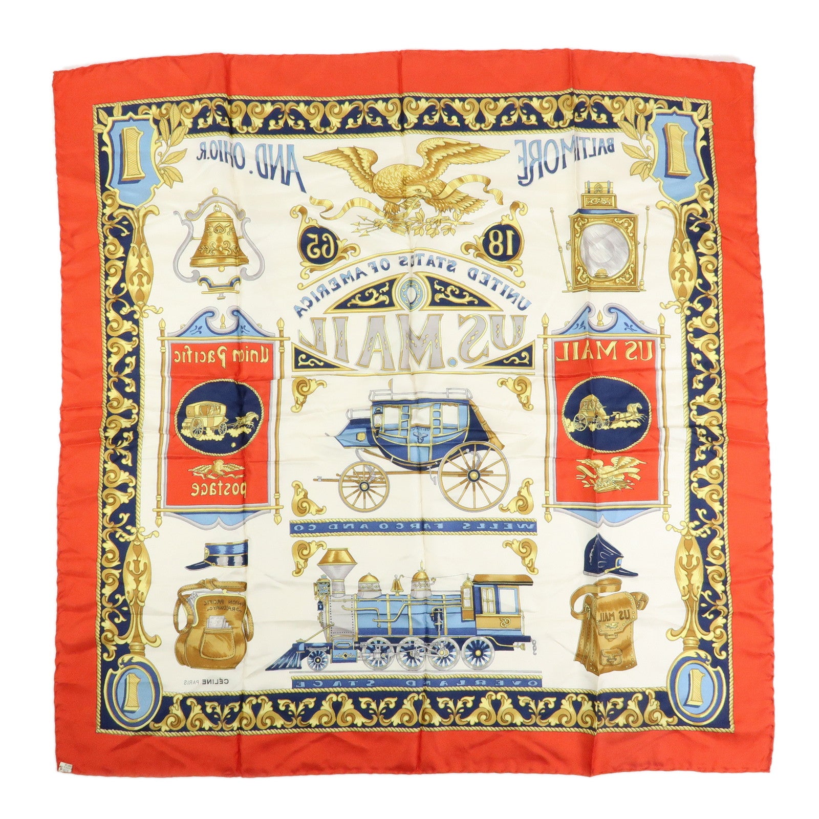 CELINE Silk Baltimore and Ohio Railroad Scarf 85x85 Red White Blue