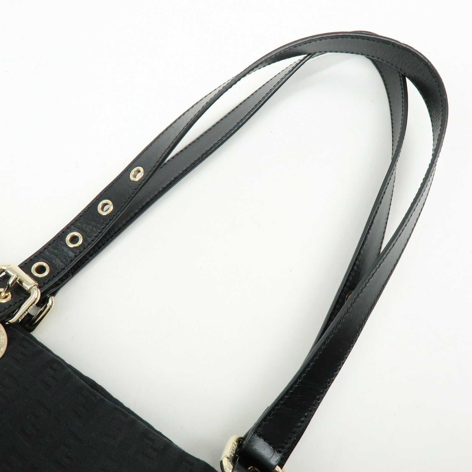 FENDI Zucchino Canvas Leather Tote Bag Shoulder Bag Black 8BH215