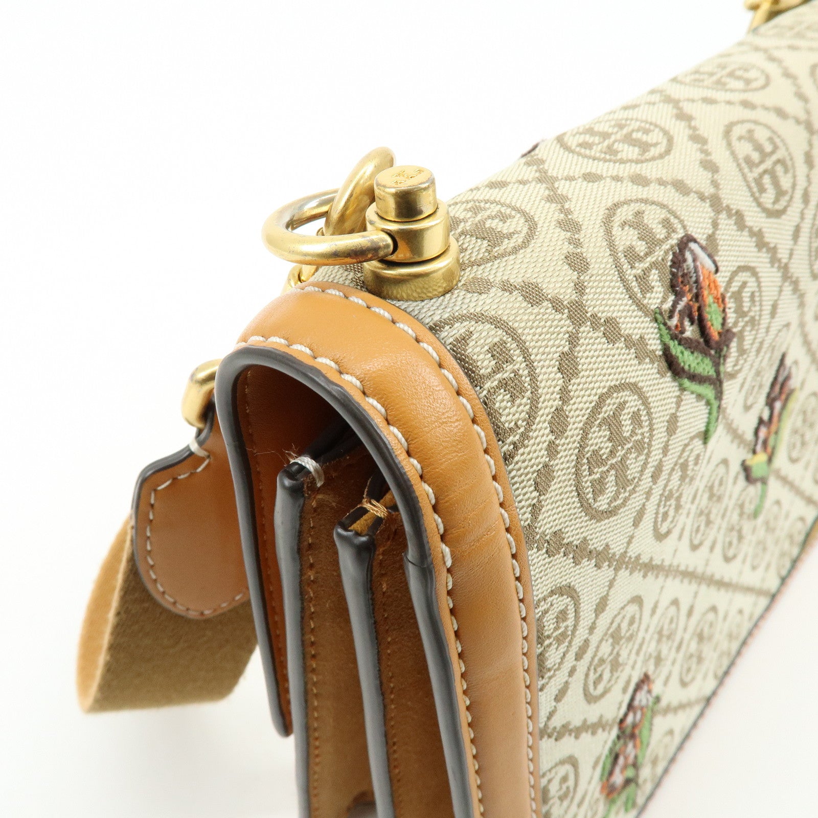 TORY BURCH T Monogram Jacquard Leather Shoulder Bag Leopard Beige