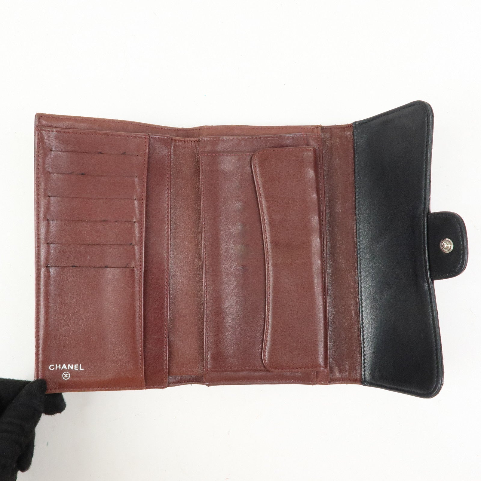 CHANEL Matelasse Lamb Skin Long Flap Wallet Black Silver A82281