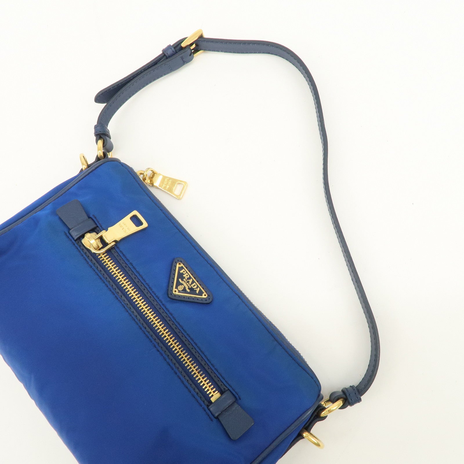 PRADA Triangle Logo Nylon Leather Mini Shoulder Bag Blue BN1834