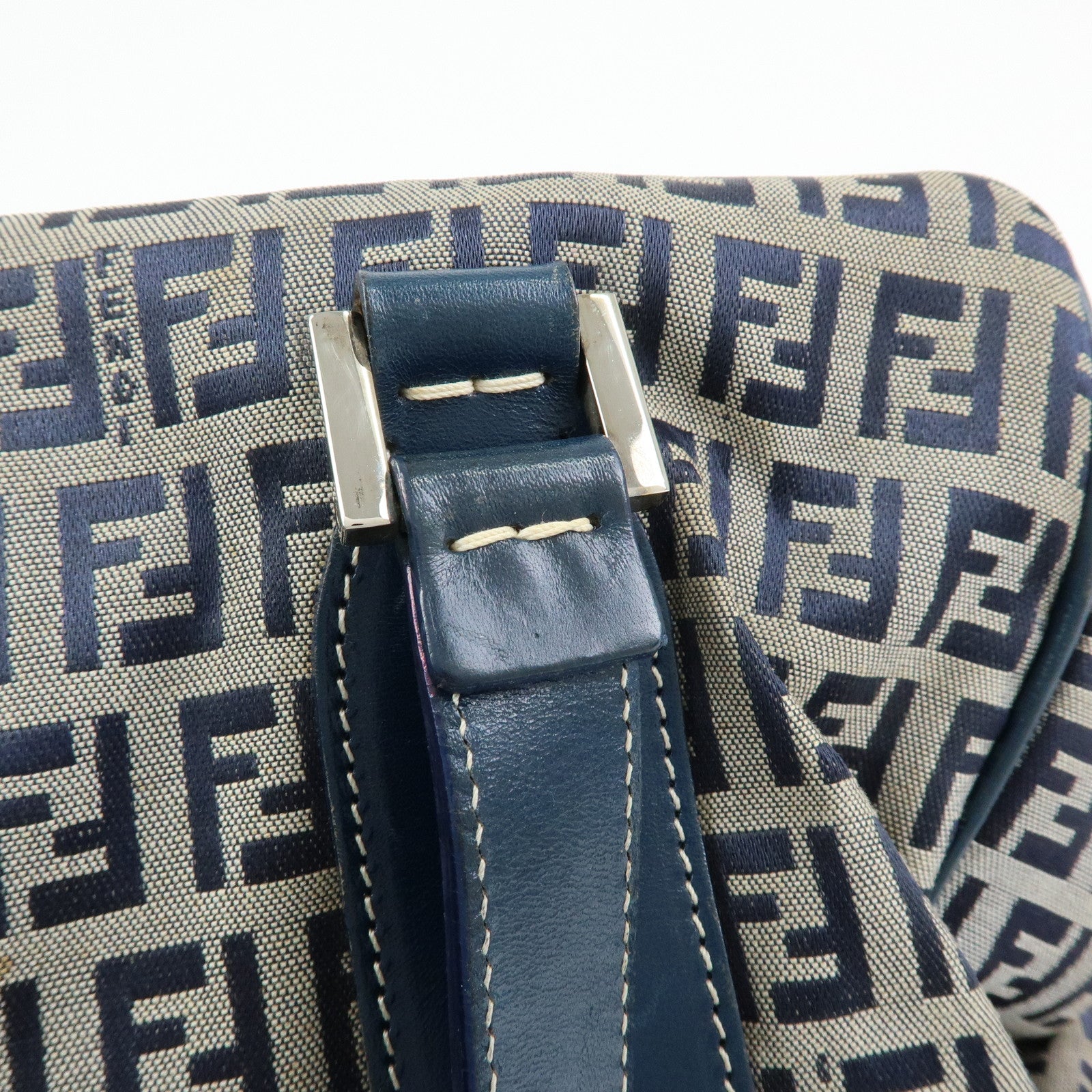 FENDI Zucchino Canvas Leather Tote Bag Shoulder Bag Boston Bag Navy