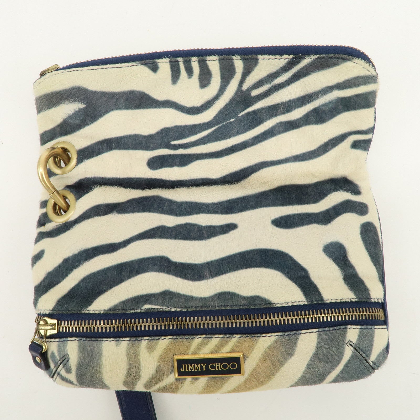JIMMY CHOO Unborn Calf Clutch Bag Wristlet Pouch Zebra Navy