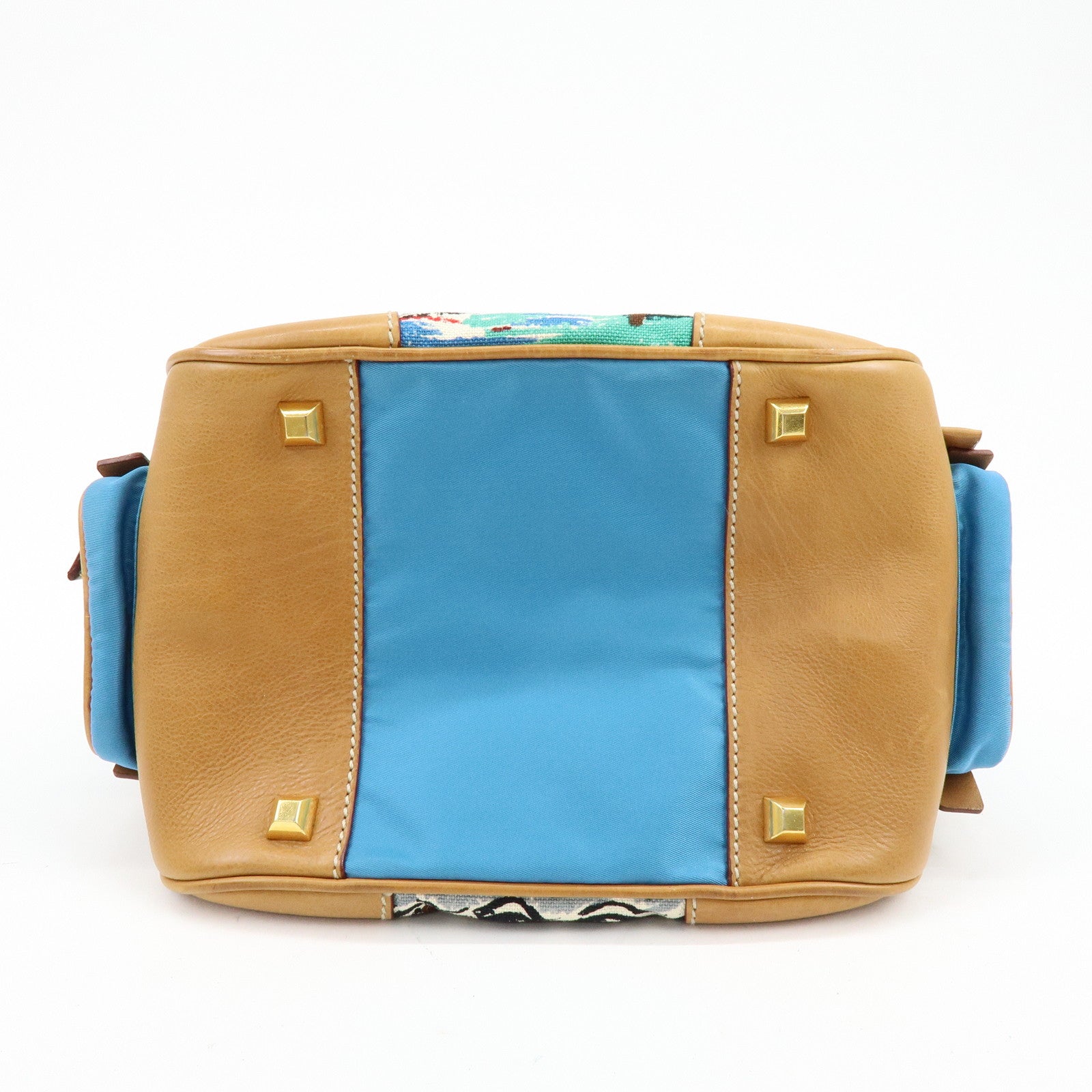 PRADA Triangle Logo Canvas Leather Hand Bag Light Brown Blue