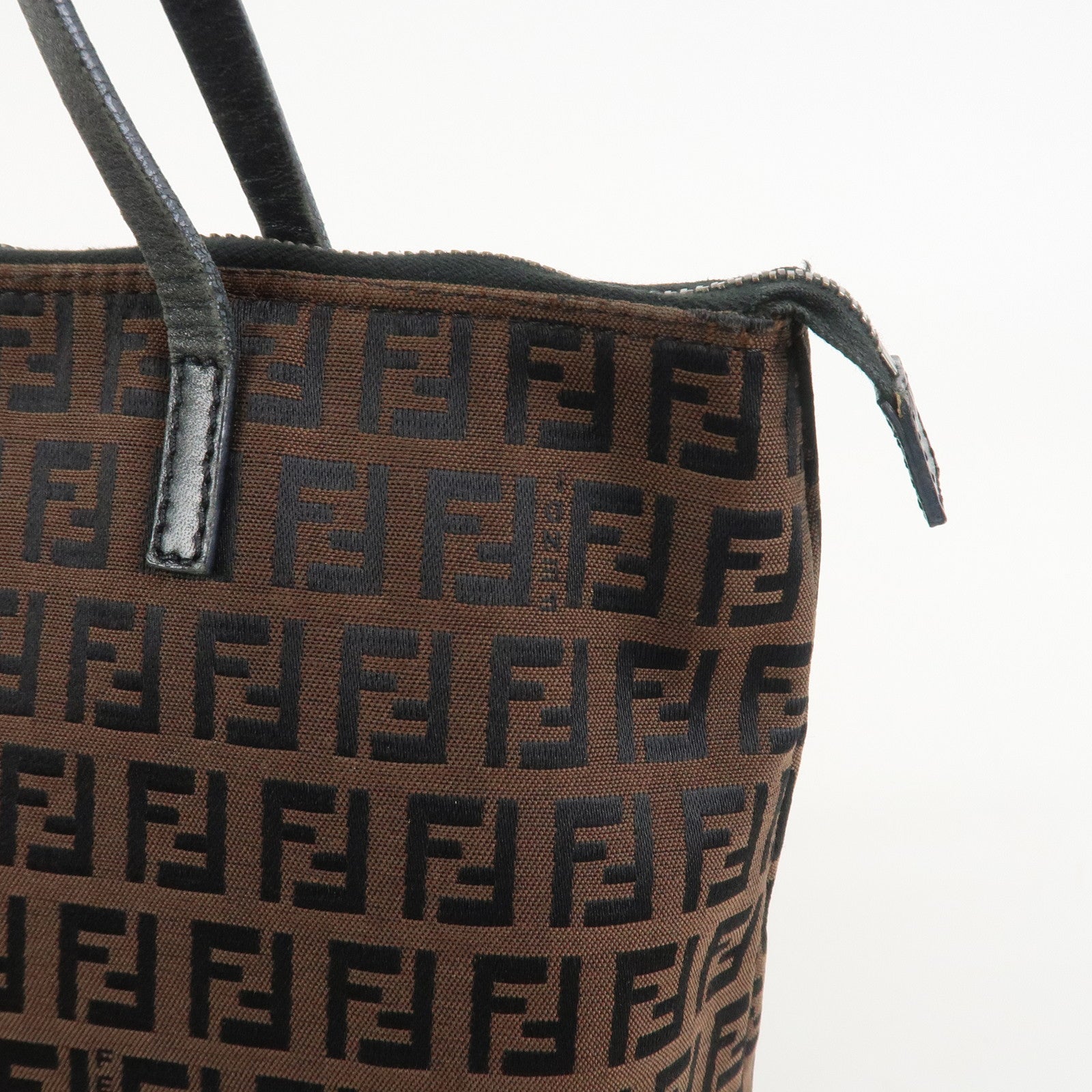 FENDI Zucchino Canvas Leather Tote Bag Brown Black 8BH023