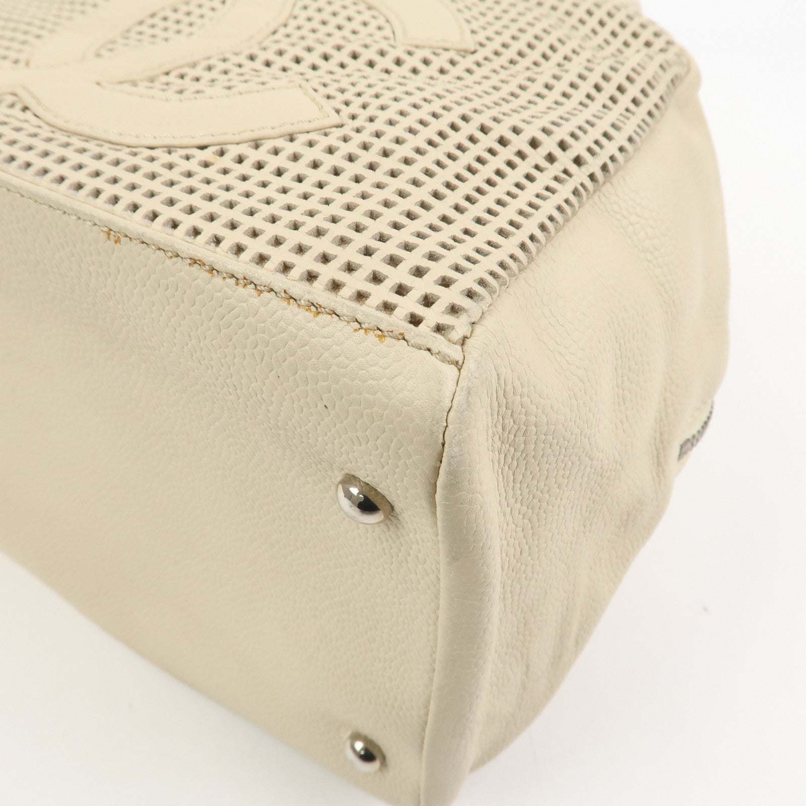 CHANEL Punching COCO Mark Caviarskin Hand Bag Beige