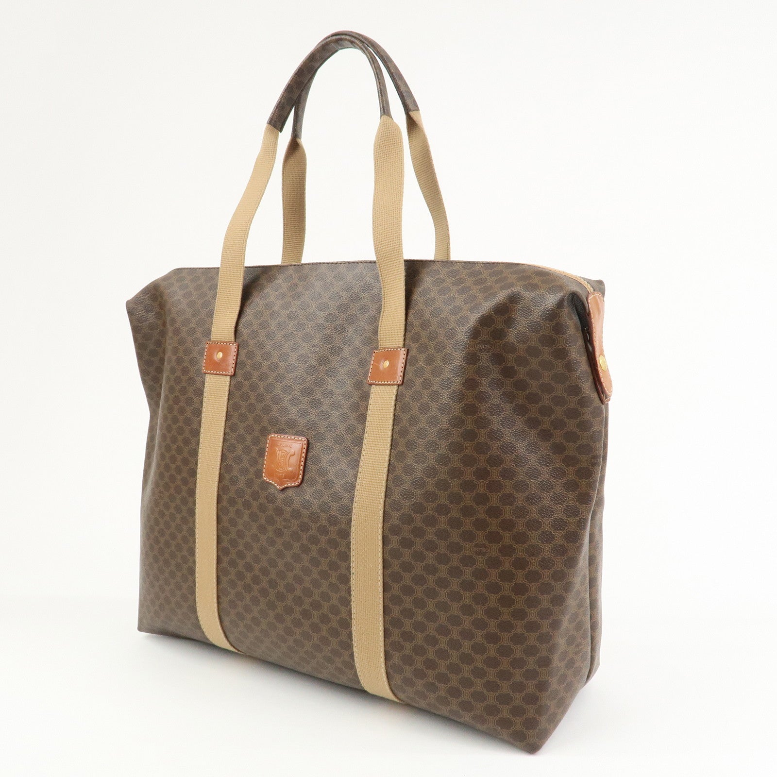 CELINE Macadam PVC Canvas Leather Boston Bag Hand Bag Brown