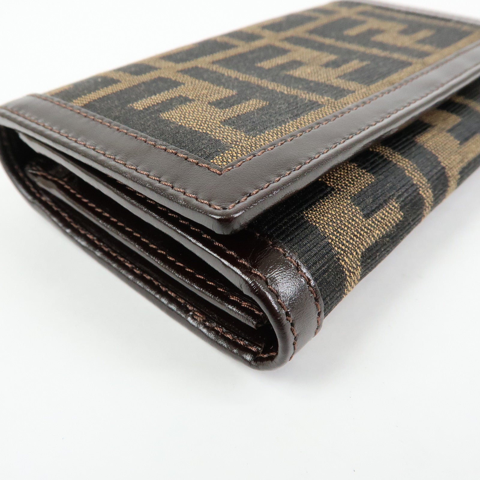 FENDI Zucca Canvas Leather Compact Wallet Brown Black 31052