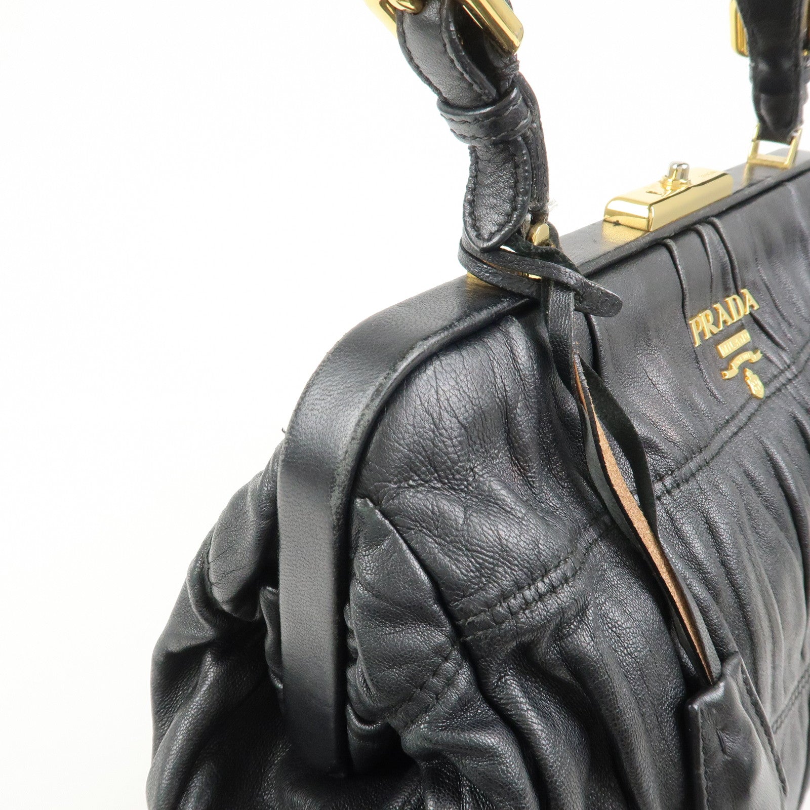 PRADA Logo Nappa Leather Gathered Shoulder Bag Hand Bag Black