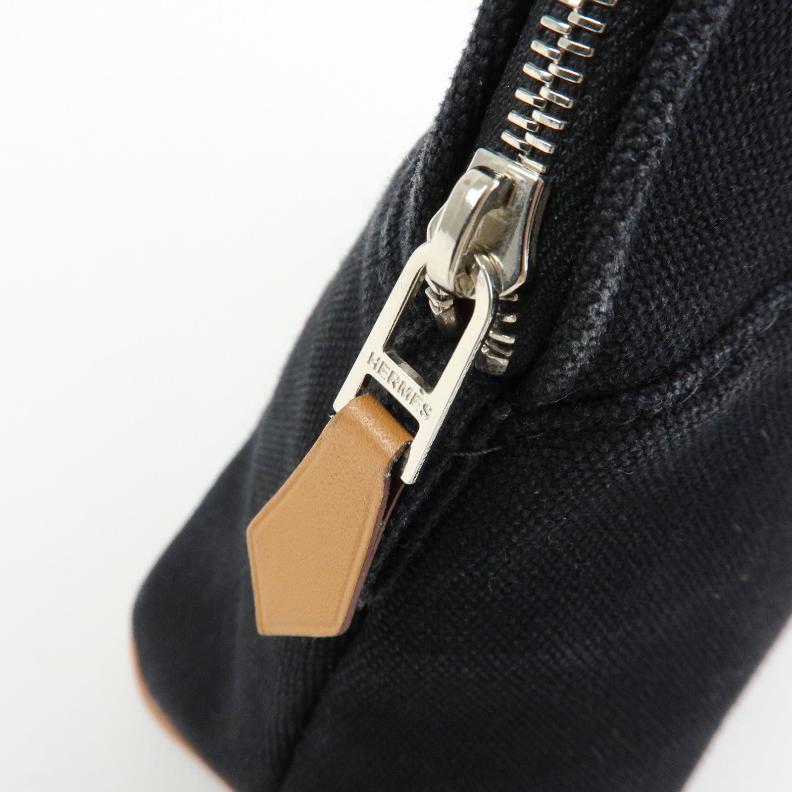 HERMES Bolide MM Cotton Leather Cosmetic Pouch Black Beige