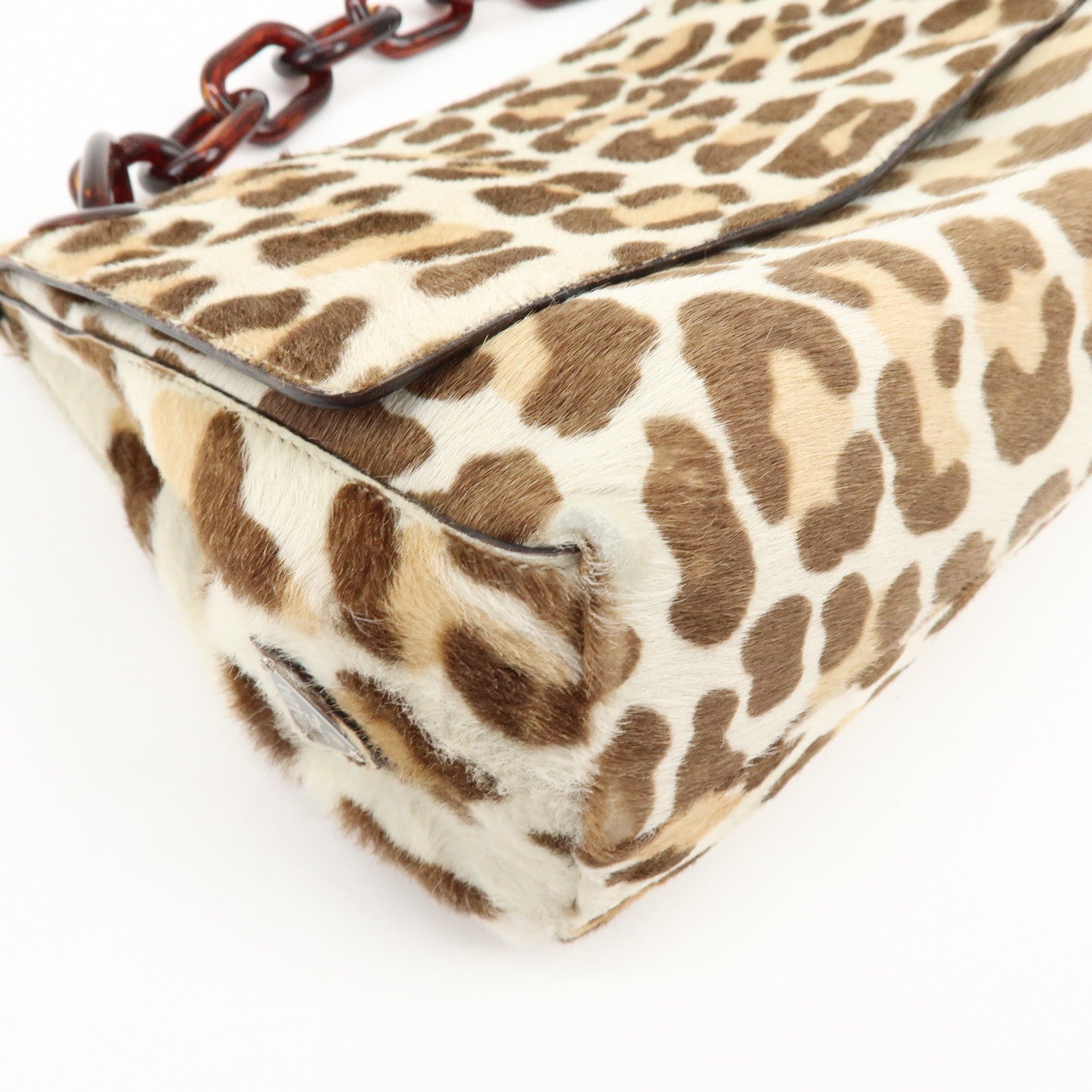 PRADA Triangle Logo Haircalf Plastic Chain Shoulder Bag Beige Brown