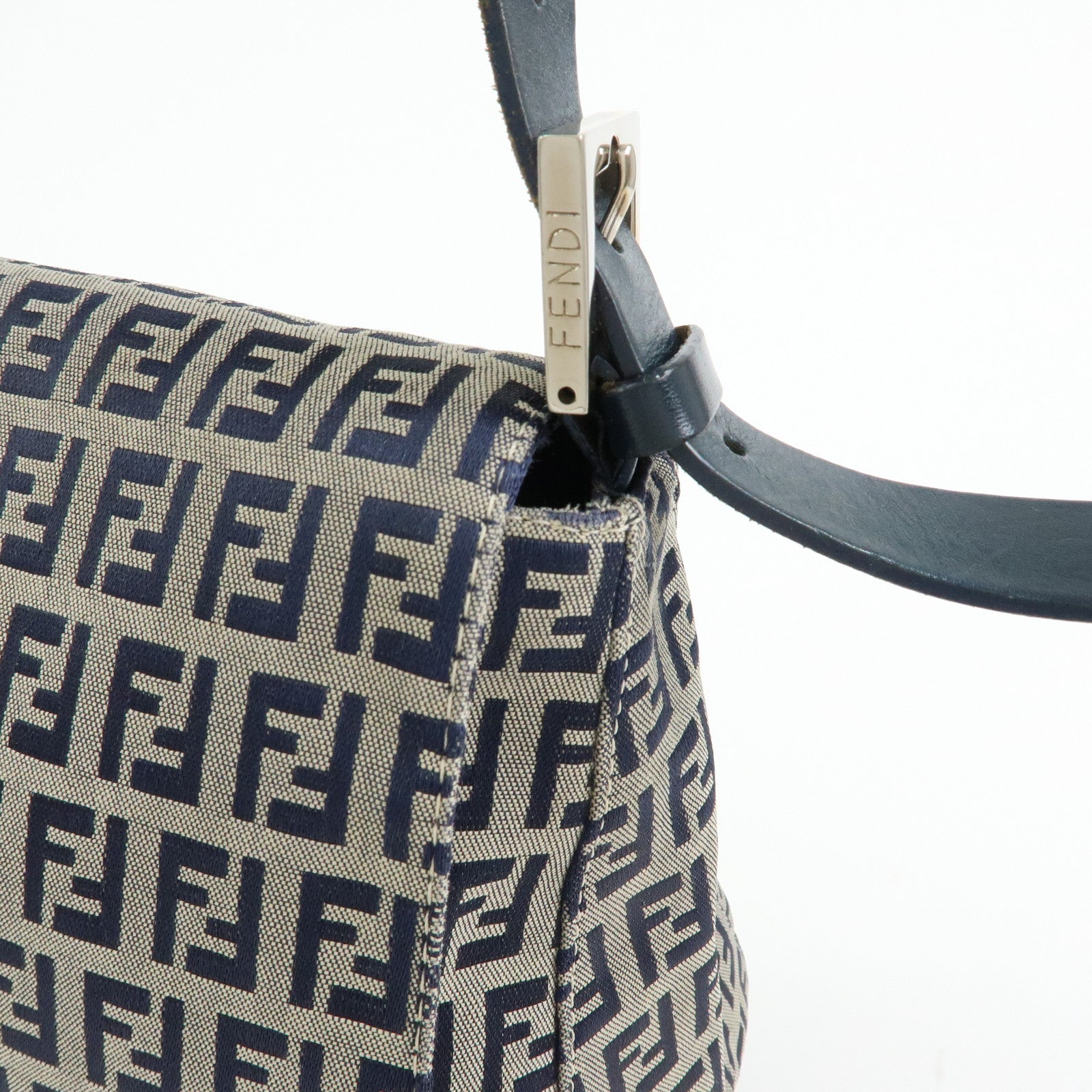 FENDI Mamma Baguette Zucchino Canvas Shoulder Bag Navy 26325