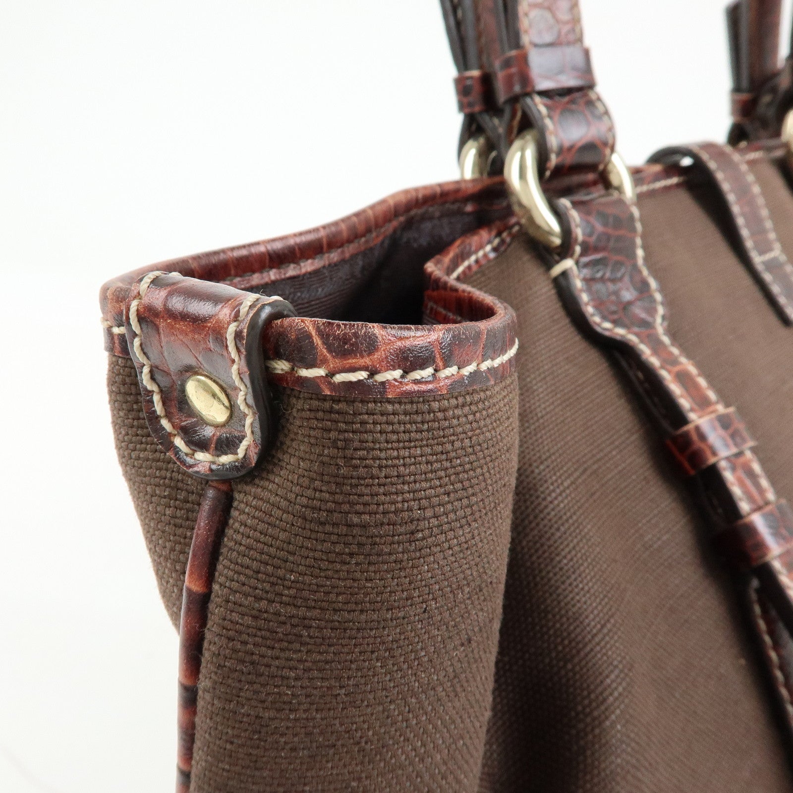 CELINE Logo Canvas Embossed Leather Tote Bag Hand Bag Brown
