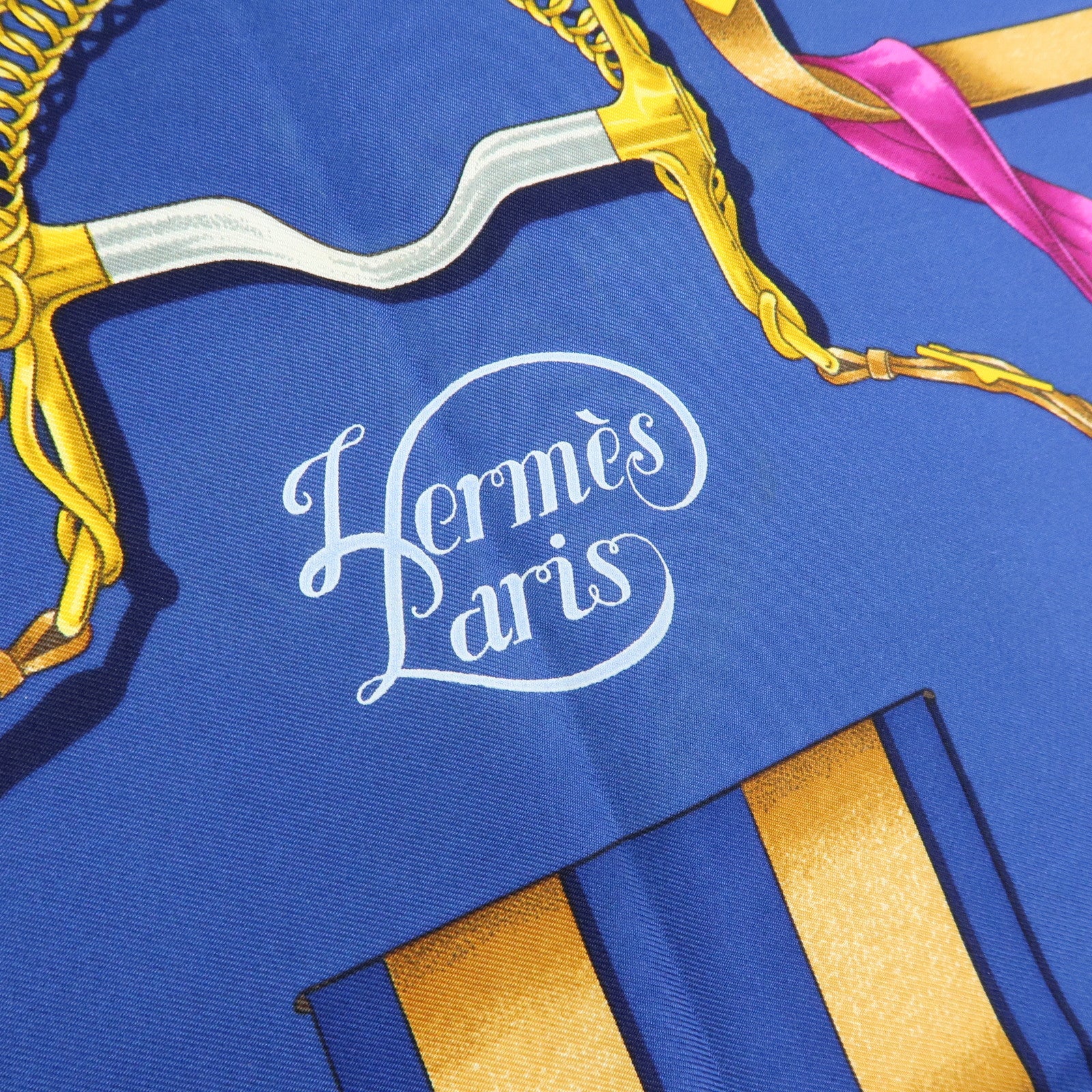 HERMES Carre 90 Silk 100% Scarf Grand Manege Detail Blue Gold