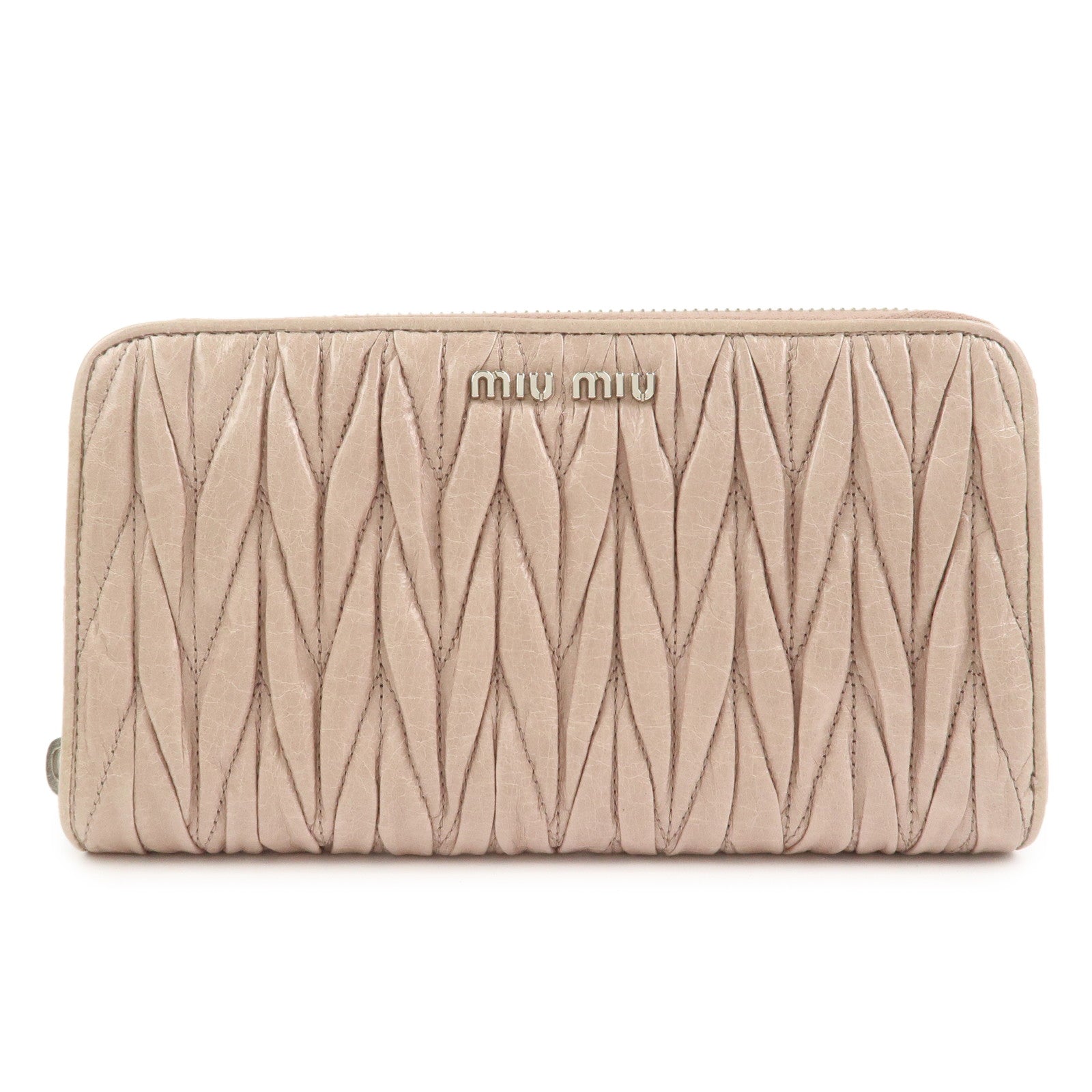 MIU MIU Matelasse Leather Round Zipper Long Wallet Beige 5M0506