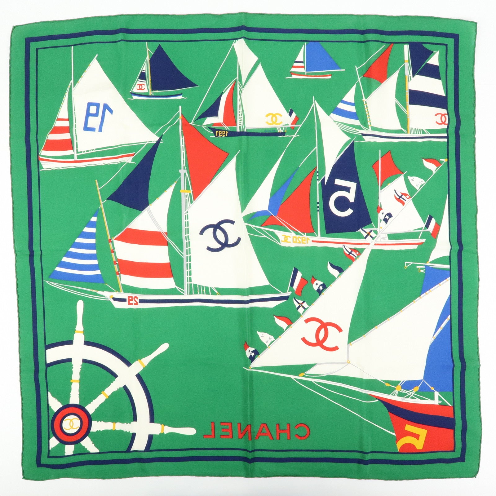 CHANEL COCO Mark Silk100% Scarf Green Navy White Red