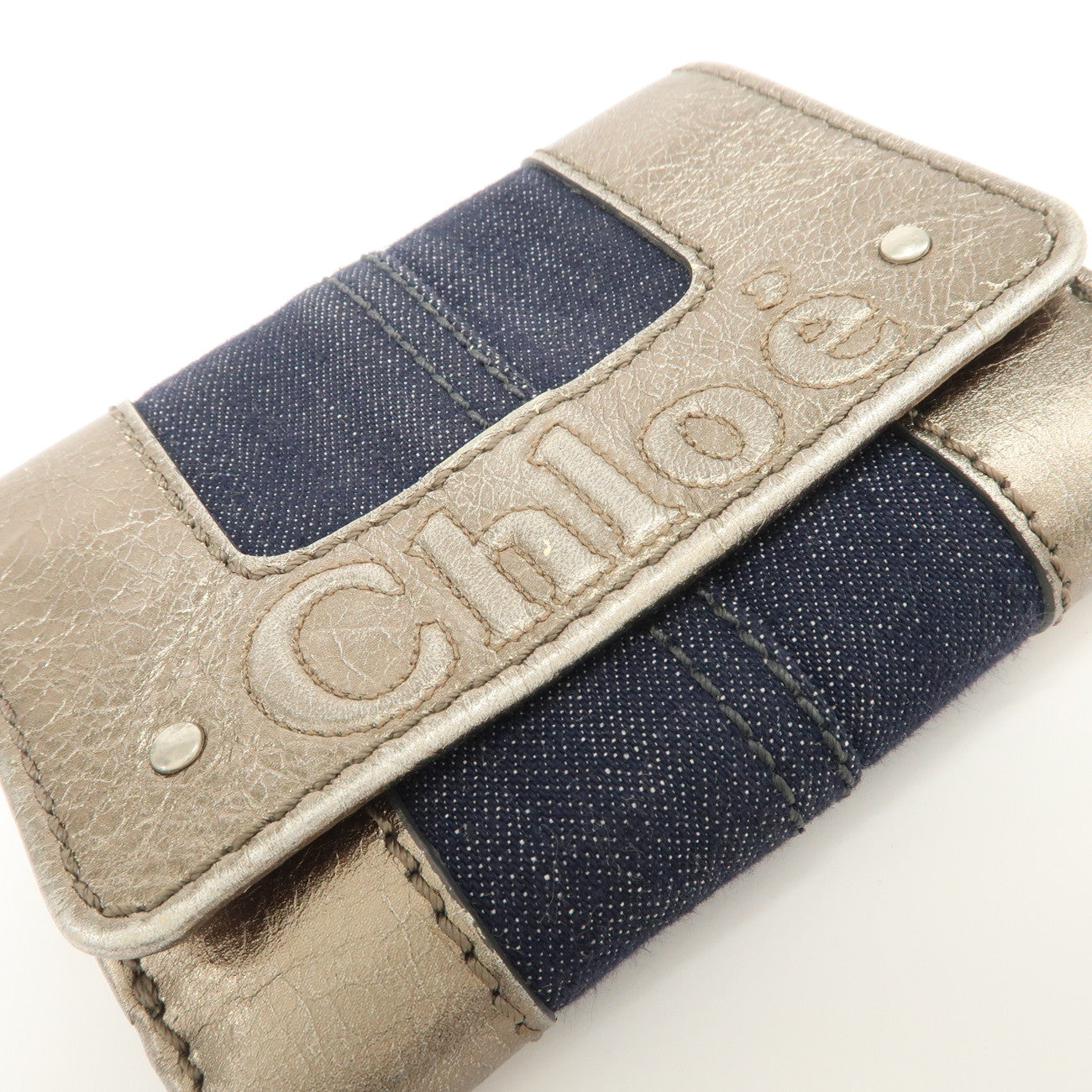 Chloe Harlee Leather Denim Bi-Fold Compact Wallet Silver Blue