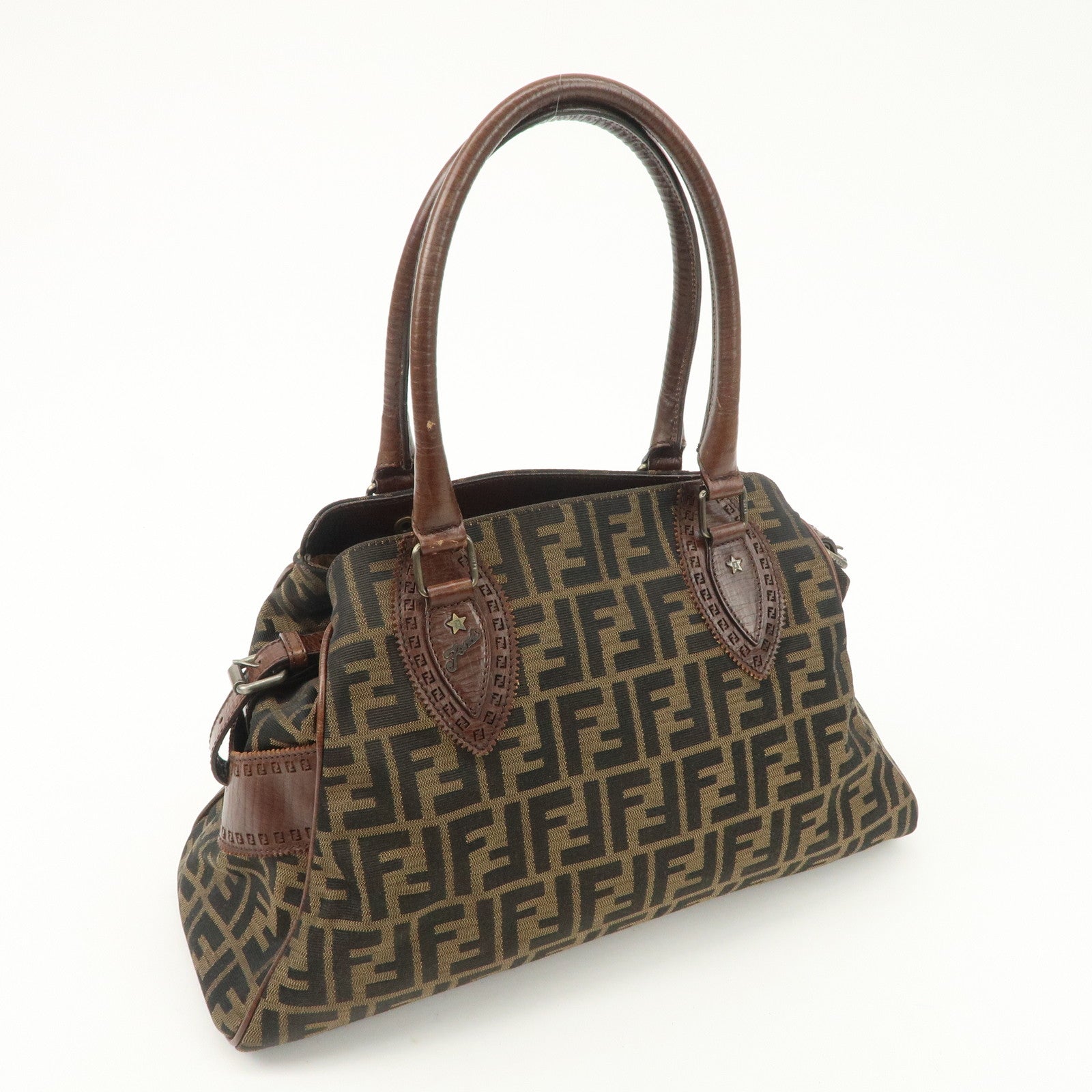 FENDI Zucca Canvas Leather Tote Bag Hand Bag Black Brown 8BN162 Used