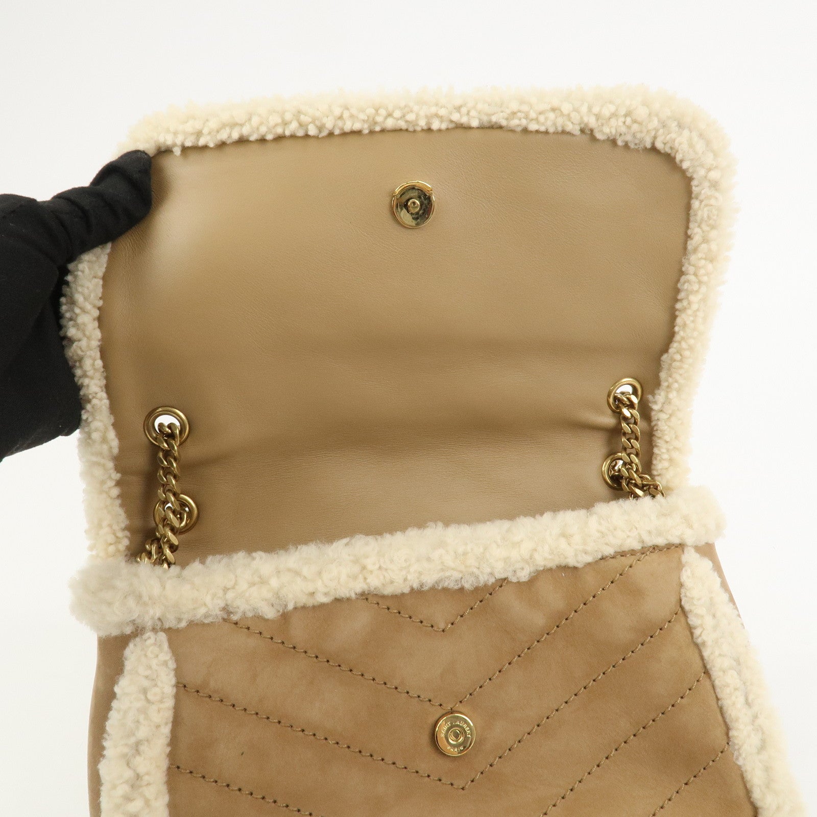 SAINT LAURENT PARIS Niki Mouton Leather Shoulder Bag Light Brown