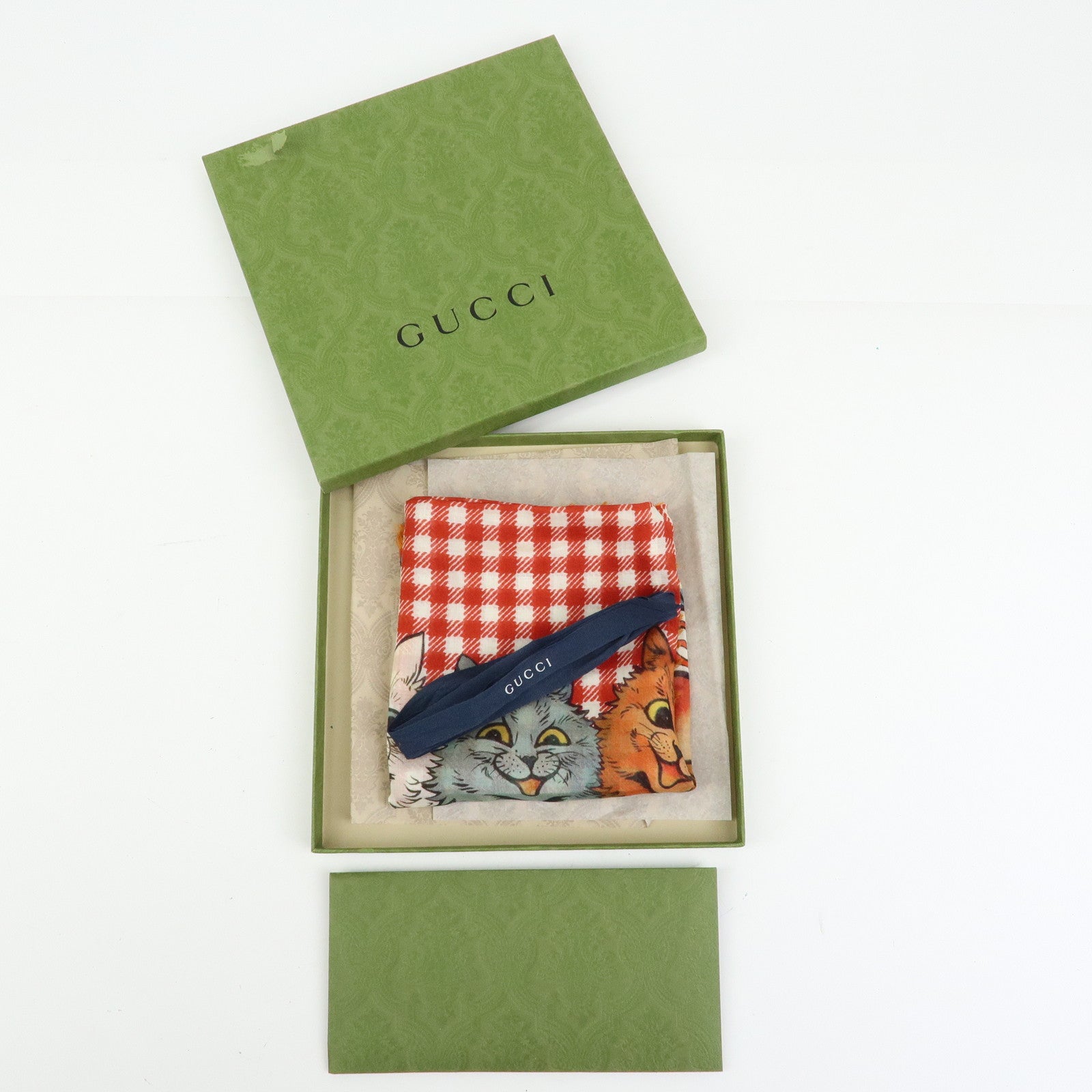 GUCCI Rayon Silk Scarf 5 Cats Print Gingham Red