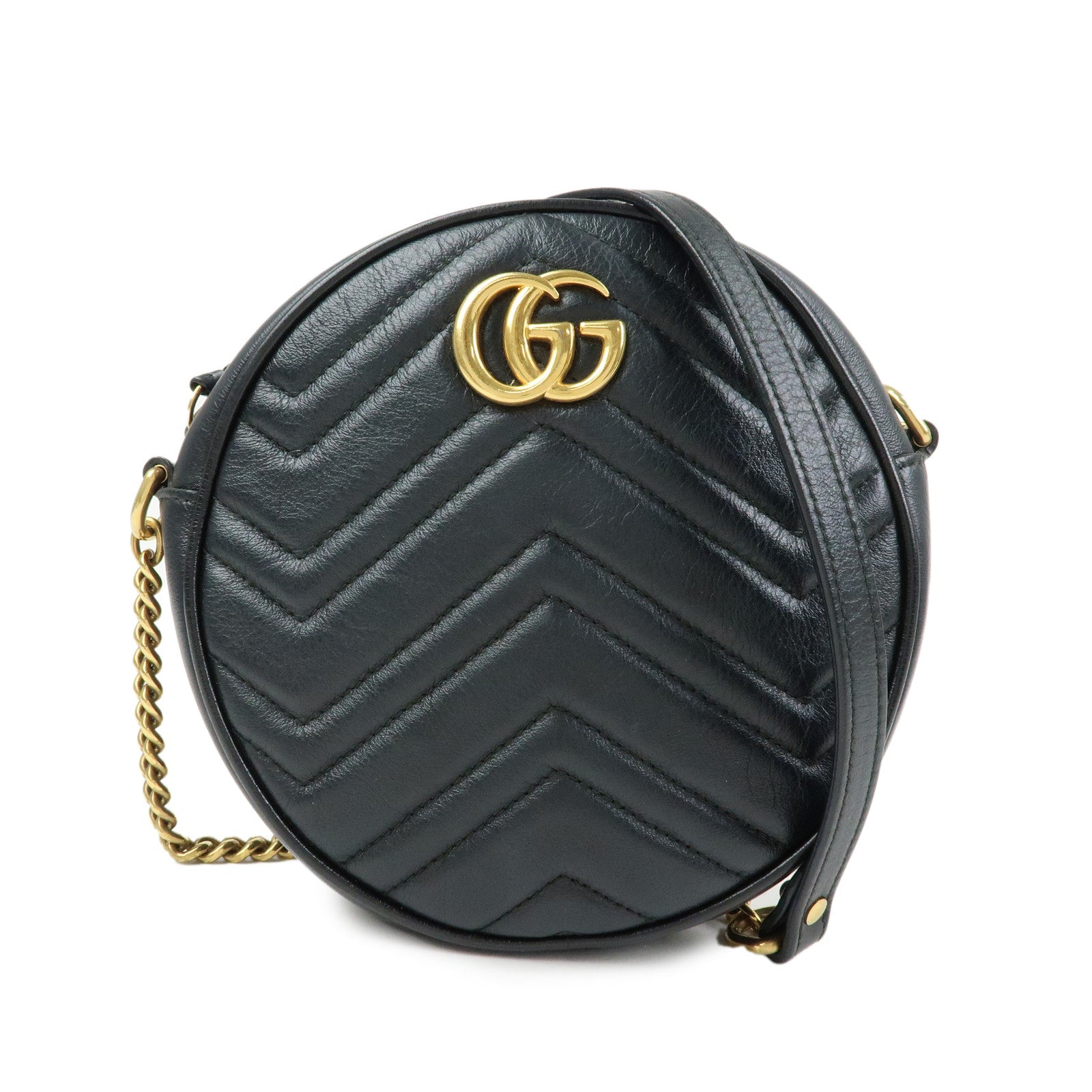 GUCCI GG Marmont Leather Chain Shoulder Round Bag Black 550154