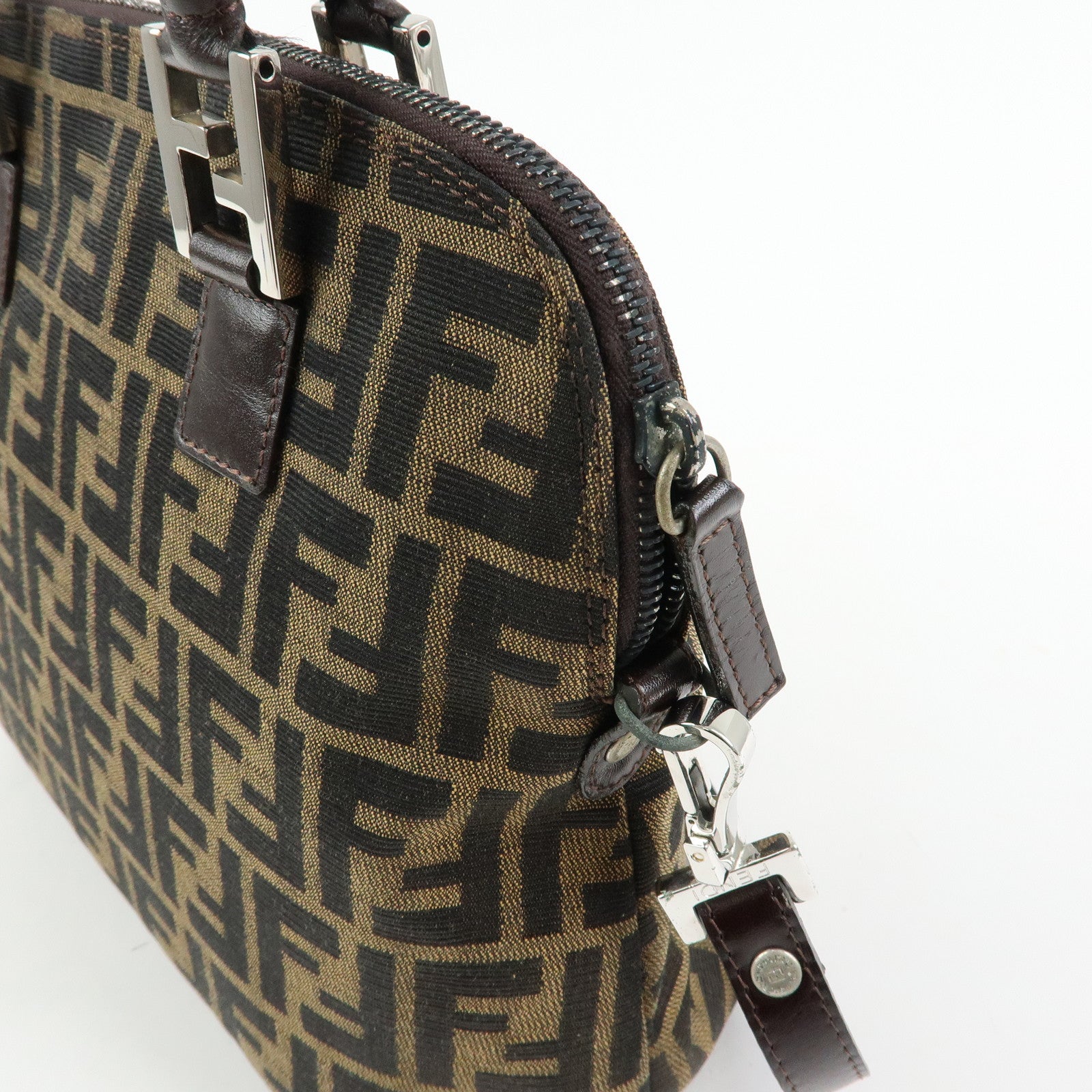 FENDI Zucca Jacquard Canvas Leather 2Way Bag Hand Bag Brown