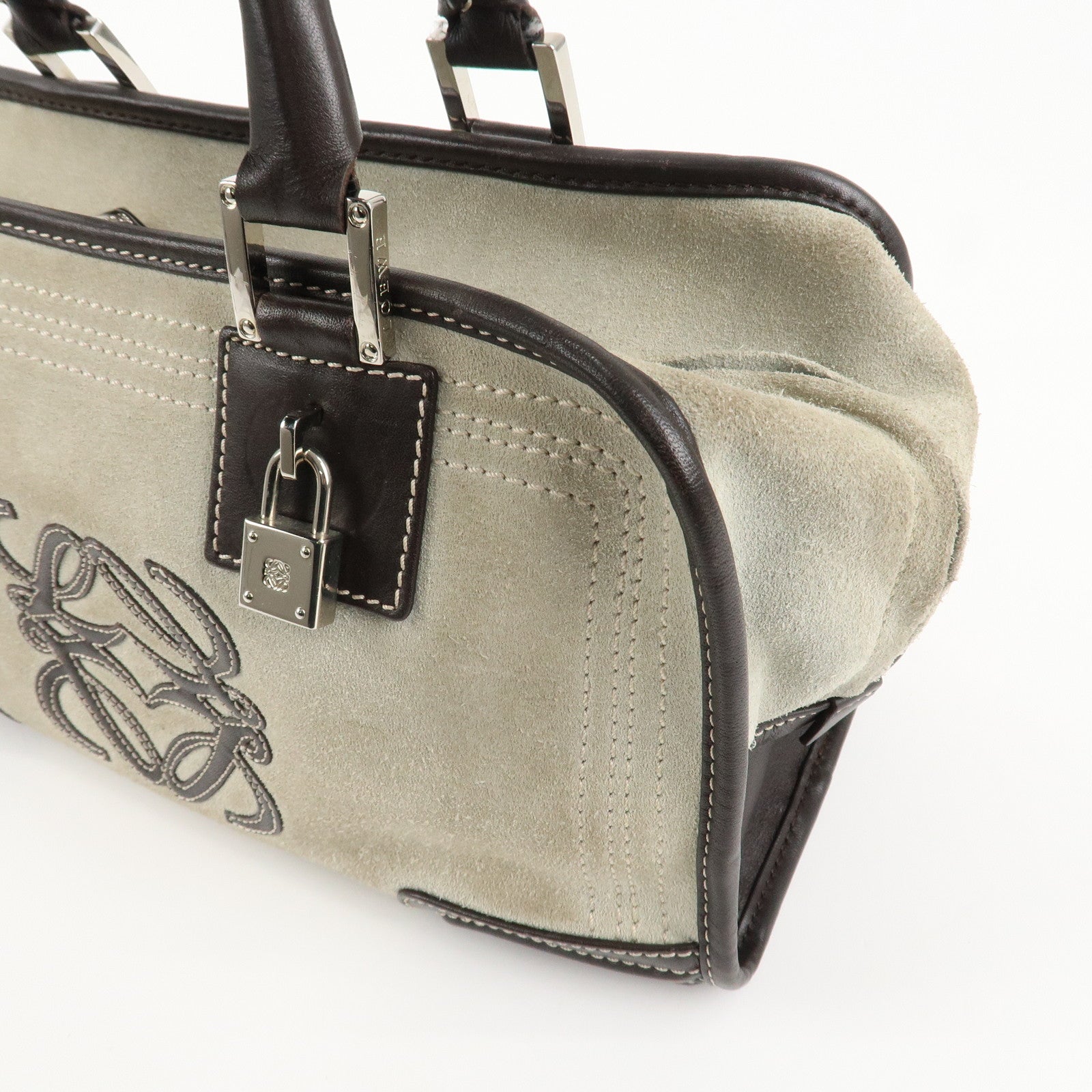 LOEWE Anagram Amazona 28 Suede Leather Hand Bag Ivory Brown Used