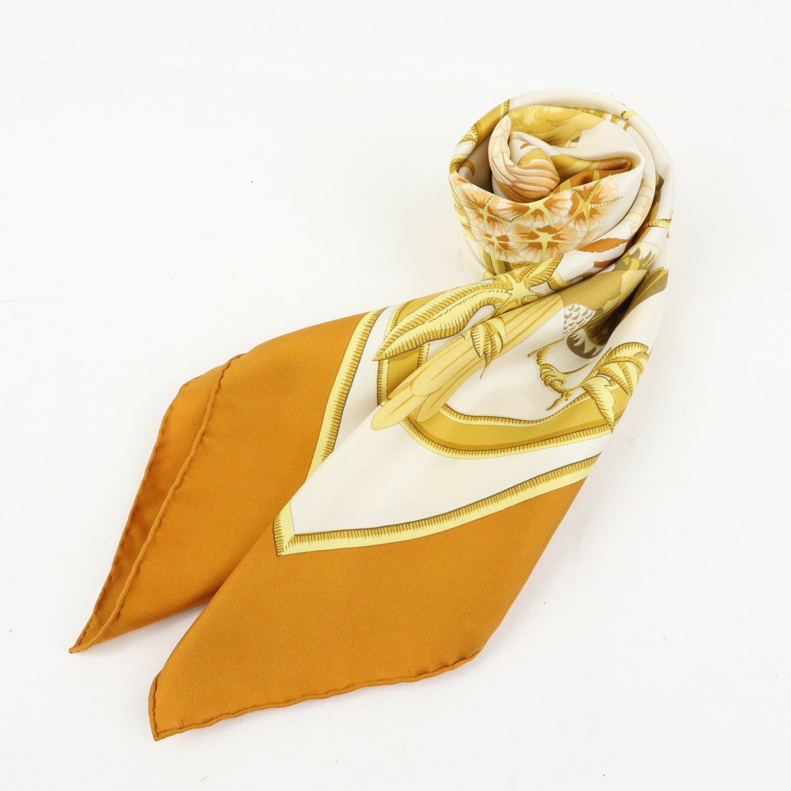 HERMES Carre Silk 100% Scarf Caraibes Oiseaux Light Brown