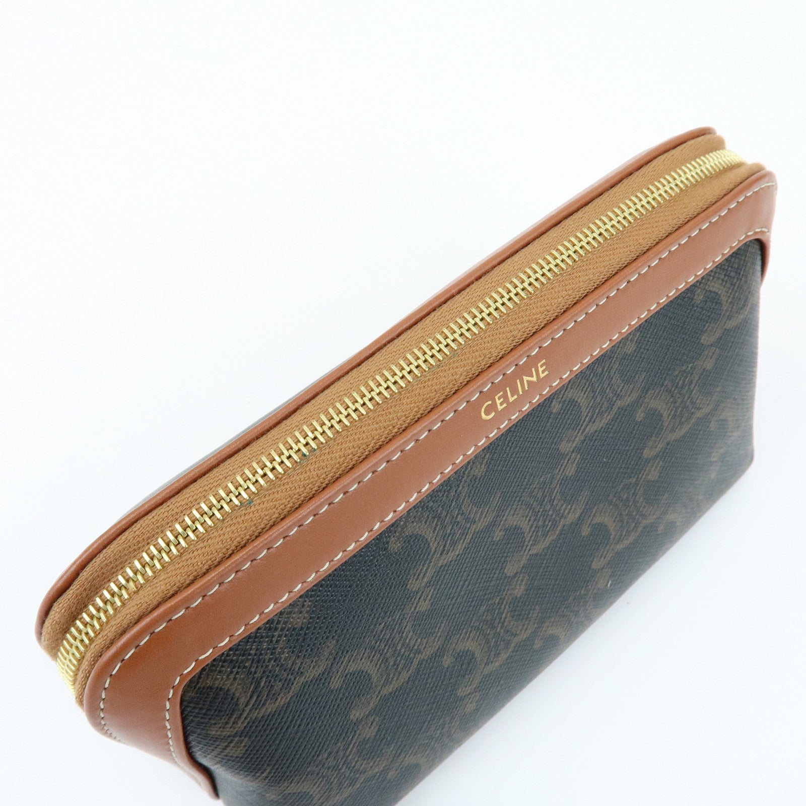 CELINE Triomphe PVC Calf Leather Cosmetic Pouch Accessory Pouch Tan