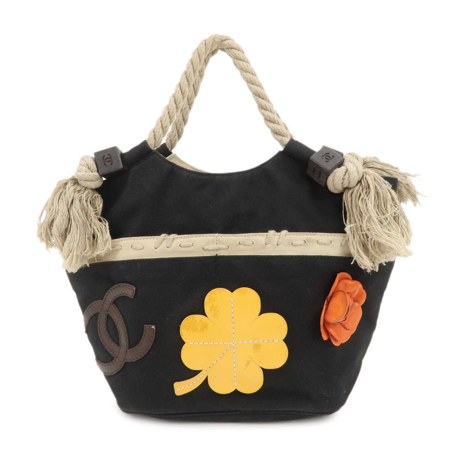 CHANEL COCO Mark Canvas Patent Leather Hand Bag Black Yellow
