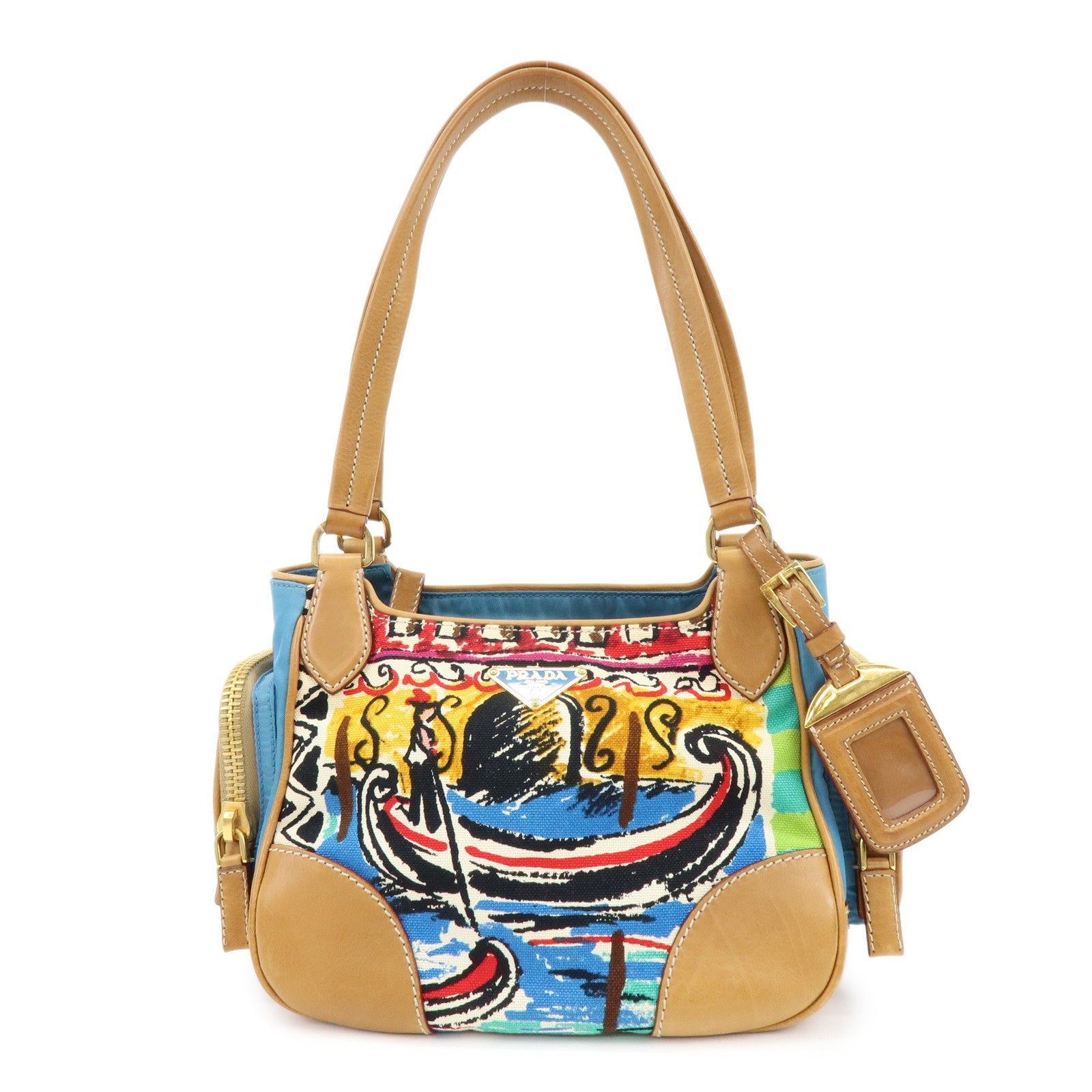 PRADA Triangle Logo Canvas Leather Hand Bag Light Brown Blue